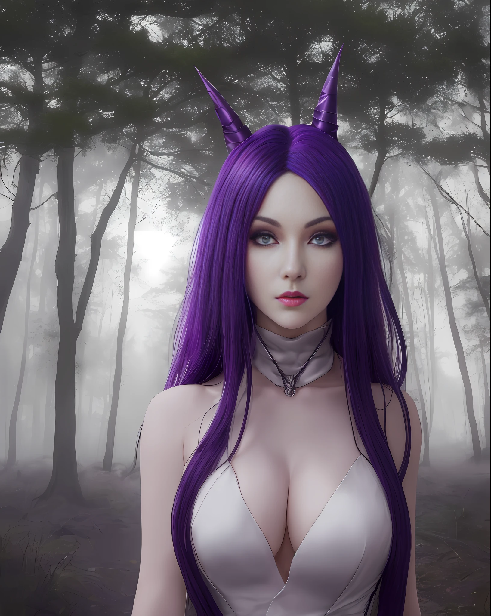 Shion's character from the anime "That Time I Got Reincarnated as a Slime" in an ultra-realistic version. She has dark purple straight hair, with a single purple horn on her forehead. His skin is white, lips red and eyes purple. She is a beautiful woman, slender and well proportioned as a model with a height of 170 cm. Shion was given an unbuttoned suit that turned purple to match her aura, (very sensual, provocative long neckline, bulky and pointed large breasts, slim waist), (a forest in the background, village, open field, night, dawn, fog, fog in the background), (masterpiece, depth of field, professional lighting, Full HD, sharp face, realistic photography, real world, super detailed) portrait style.