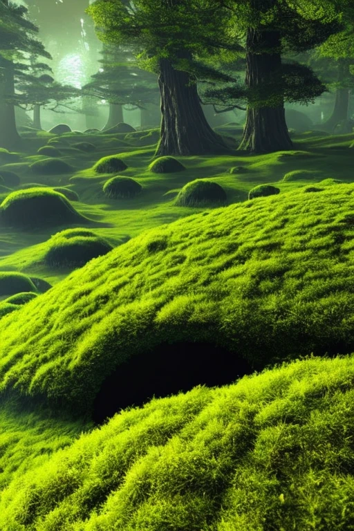 a futuristic mound covered in alien moss with smooth polygon texture