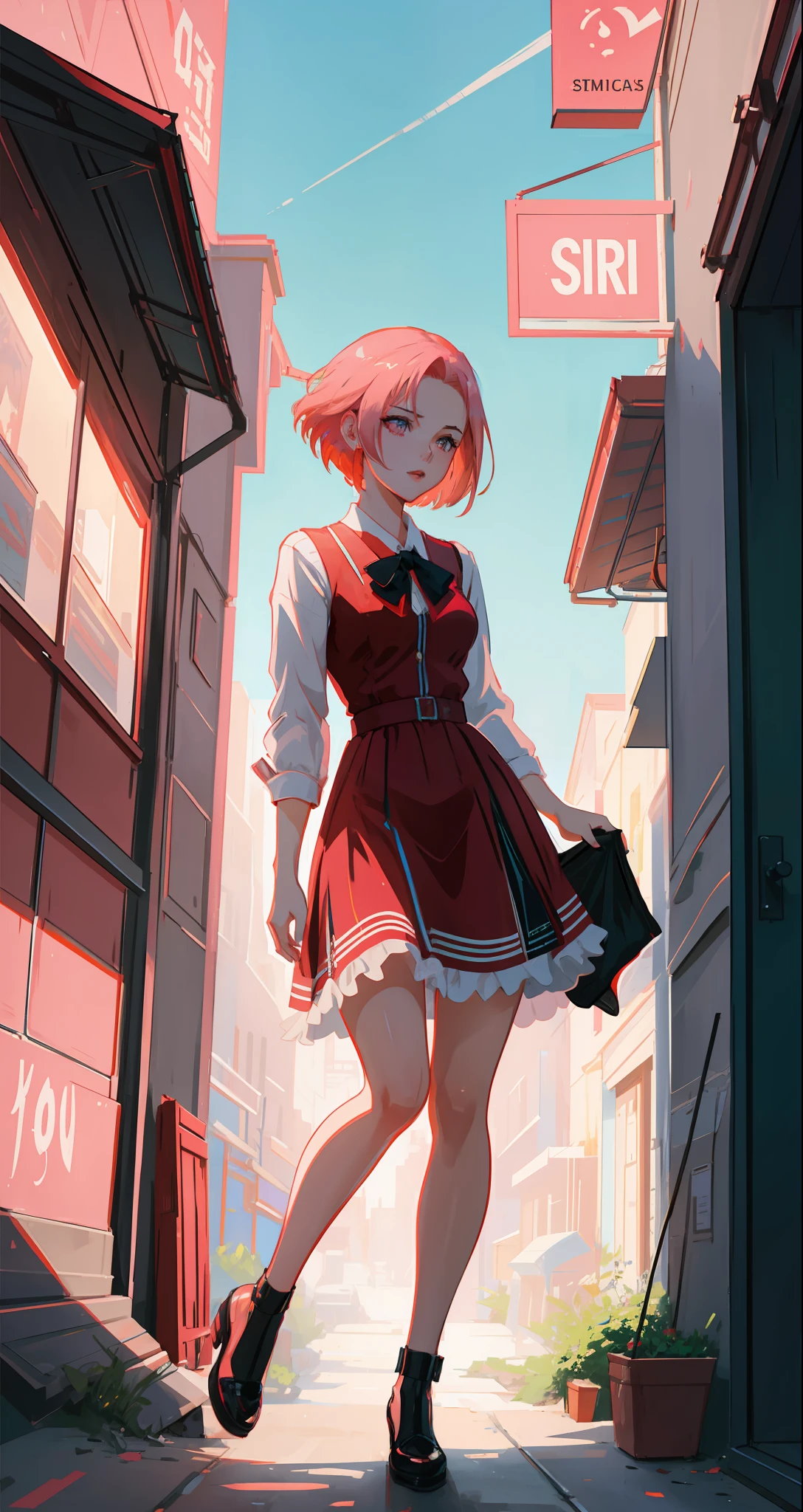 beautiful woman, seductive, ((forehead to show)) pop star, idol, in a show, attractive, sexy eyes, red dress, pink hair, delicate, young, short hair, full body, from League of Legends, trend at Artstation, by Rhods, Andreas Rocha, Rossdraws, Makoto Shinkai, Laurie Greasley, Lois Van Baarle, Ilya Kuvshinov and Greg Rutkowski