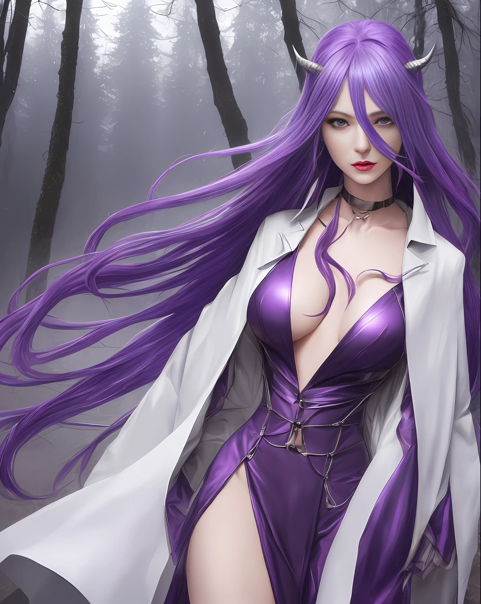 Shion's character from the anime "That Time I Got Reincarnated as a Slime" in an ultra-realistic version. She has dark purple straight hair, with a single purple horn on her forehead. His skin is white, lips red and eyes purple. She is a beautiful woman, slender and well proportioned as a model with a height of 170 cm. Shion was given an unbuttoned suit that turned purple to match her aura, (very sensual, provocative long neckline, huge bulky and pointed breasts, thin waist), (a forest in the background, village, open field, night, dawn, fog, fog in the background), (masterpiece, depth of field, professional lighting, Full HD, sharp face, realistic photography, real world, super detailed) portrait style.