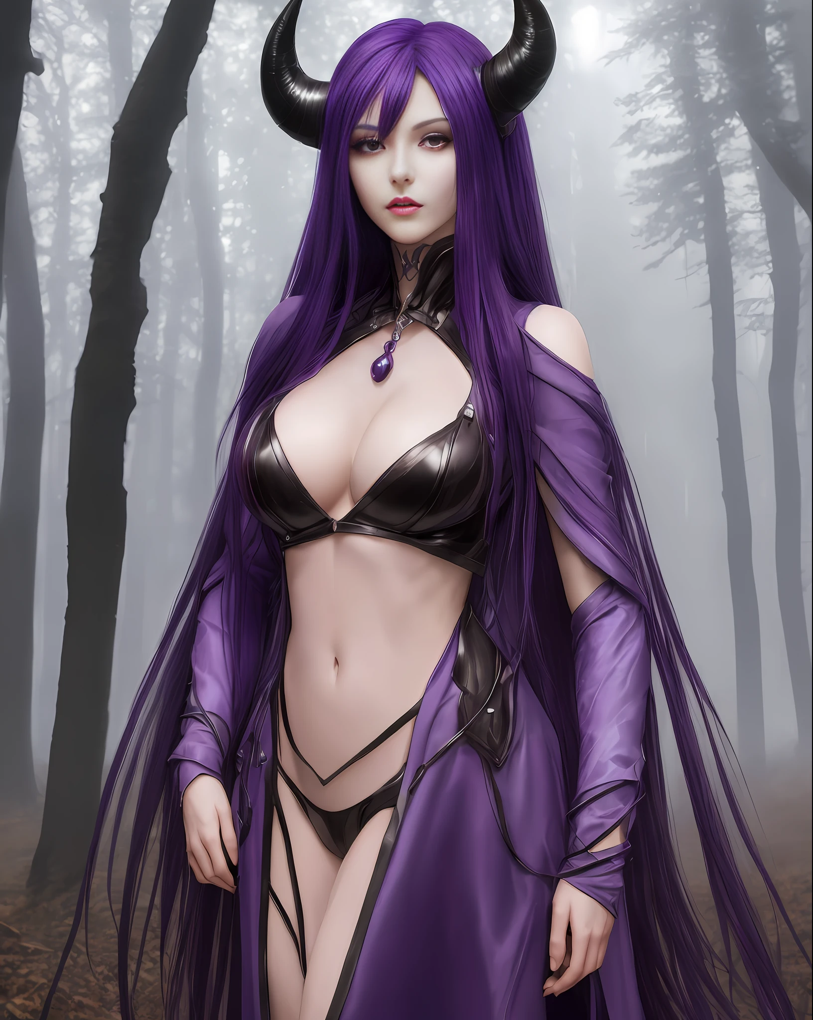 Shion's character from the anime "That Time I Got Reincarnated as a Slime" in an ultra-realistic version. She has dark purple straight hair, with a single purple horn on her forehead. His skin is white, lips red and eyes purple. She is a beautiful woman, slender and well proportioned as a model with a height of 170 cm. Shion was given an unbuttoned suit that turned purple to match her aura, (very sensual, provocative long neckline, huge bulky and pointed breasts, thin waist), (a forest in the background, village, open field, night, dawn, fog, fog in the background), (masterpiece, depth of field, professional lighting, Full HD, sharp face, realistic photography, real world, super detailed) portrait style.