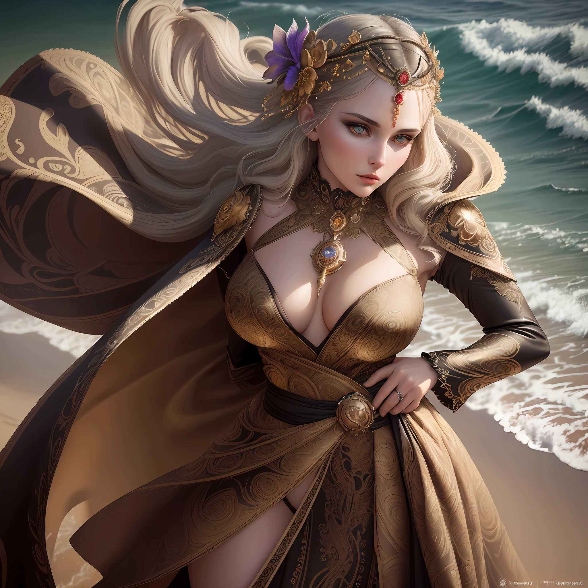 Waist high Portrait of an exotic beautiful caucasian woman wearing trendy clothing at a beach, perfect detailed face, detailed symmetric hazel eyes with circular iris, realistic, stunning realistic photograph, 3d render, octane render, intricately detailed, cinematic, trending on artstation, Isometric, Centered hipereallistic cover photo, awesome full color, hand drawn, dark, gritty, mucha, klimt, erte 12k, high definition, cinematic, neoprene, behance contest winner, portrait featured on unsplash, stylized digital art, smooth, ultra high definition, 8k, unreal engine 5, ultra sharp focus, intricate artwork masterpiece, ominous, epic, TanvirTamim, trending on artstation, by artgerm, h. r. giger and beksinski, highly detailed, vibrant