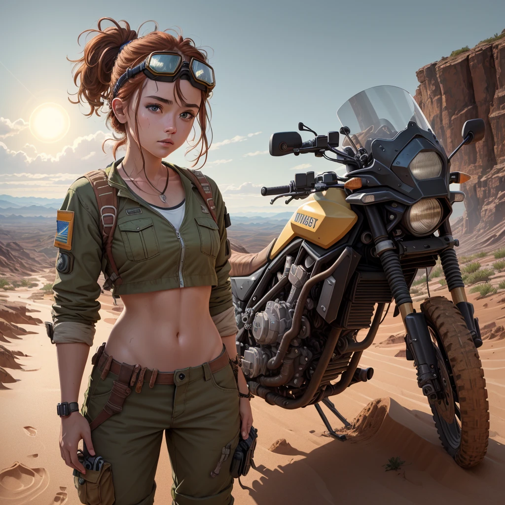 masterpiece, best quality, ultra-detailed, illustration, ranger, motorbike, motorcycle, traveler, dirtbike, roughneck, girl, solo, muscle, tone, robot legs, (goggles on head), wilderness, future, cyberpunk, forest, nowhere, hiking, alien planet, nuclear, wasteland, fallout, Chernobyl, sexy, rain, rocks, dirt, mud, sand, sun, heat, extreme, elements, rough and tumble, rope, tow, stuck, hitchiking, desert, highway, dirt road, survivalist, beautiful girl, squid, no jacket, crop top, bikini, tank top, auburn hair, detailed landscape, riding pants, candid, full body, detailed face,