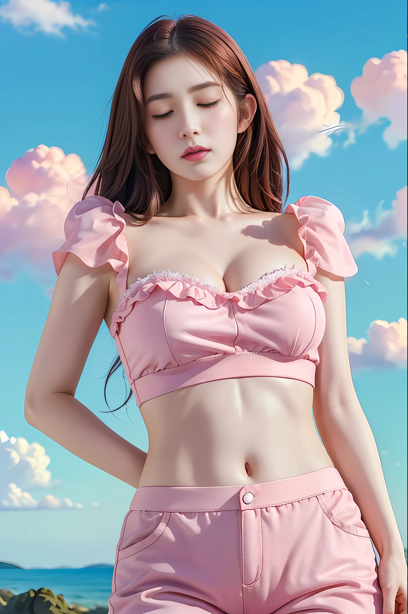 ((best quality)), ((masterpiece)), (detailed), Sleeping girl, 22 years old, realistic, she is wearing short pants and crop top, she is wearing pink pajama, brown hair.In her beautiful bad.alluring succubus, ethereal beauty,(fantasy illustration:1.3),Close eyes, captivating pose, delicate otherworldly charm,  (Luis Royo:1.2), (Yoshitaka Amano:1.1), moonlit night, soft colors, (detailed cloudscape:1.3), (high-resolution:1.2)