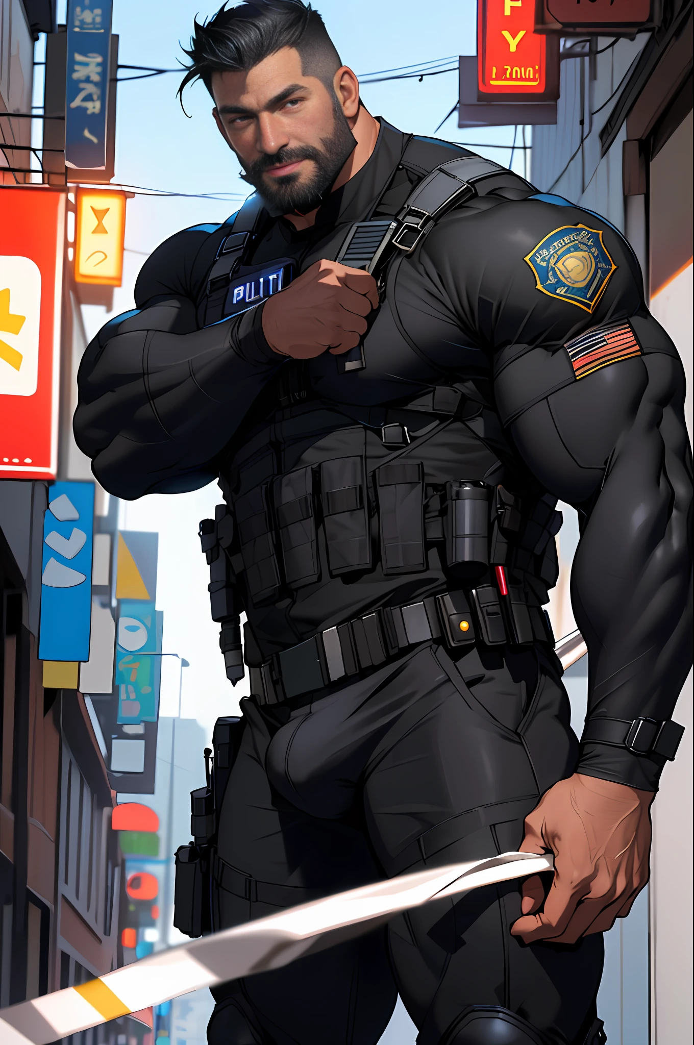 best quality, masterpiece, super high resolution, detailed background, realistic, illustration, single, 1 boy, muscle man, beard, SWAT, hotel, muscle, facial hair, volumetric lighting, depth of field, black clothes, ((black police uniform)), panting, raised crotch
