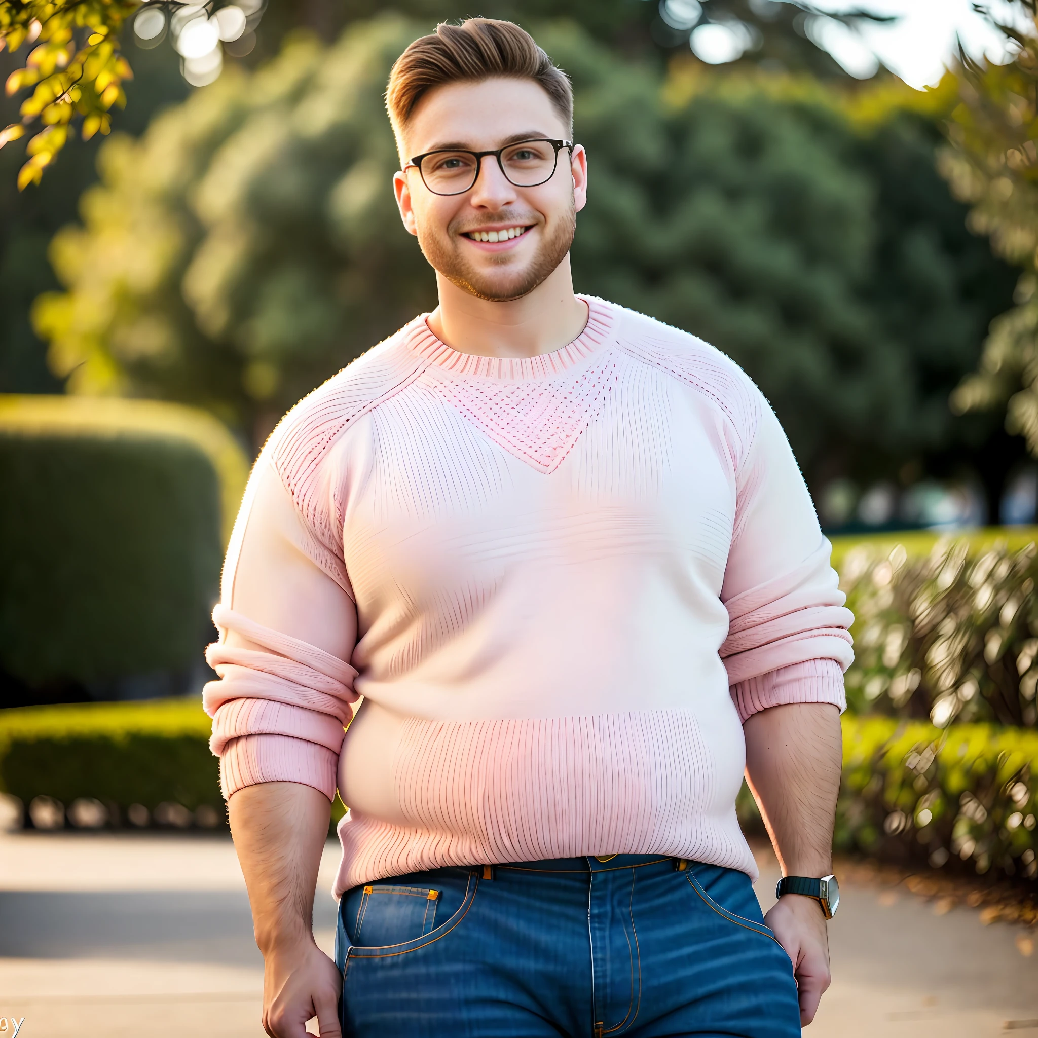 ((realism)), extremely high quality RAW photograph, detailed background, realistic photo, anatomically accurate, man, guy, sexy 25yo man, boy, alone, 1 guy, solo, messy short brown hair, fully dressed, thick thighs, chubby belly, perfect boyish face, masculine, boyish face, perfect sharp jawline, muscle arms, man, bright white teeth, pink sweater, sweater tucked into jeans, sweater covers belly, tastefully dressed, belly covered, beautiful man, white jeans, big belly, muscular biceps, muscular arms, big arms, chubby, big belly, chubby belly, transparent acrylic glasses, alone, flirty smile, cocky, anatomically correct, man, guy, boy, outside in a park, soft lighting, (f1.8 short focus bokeh)