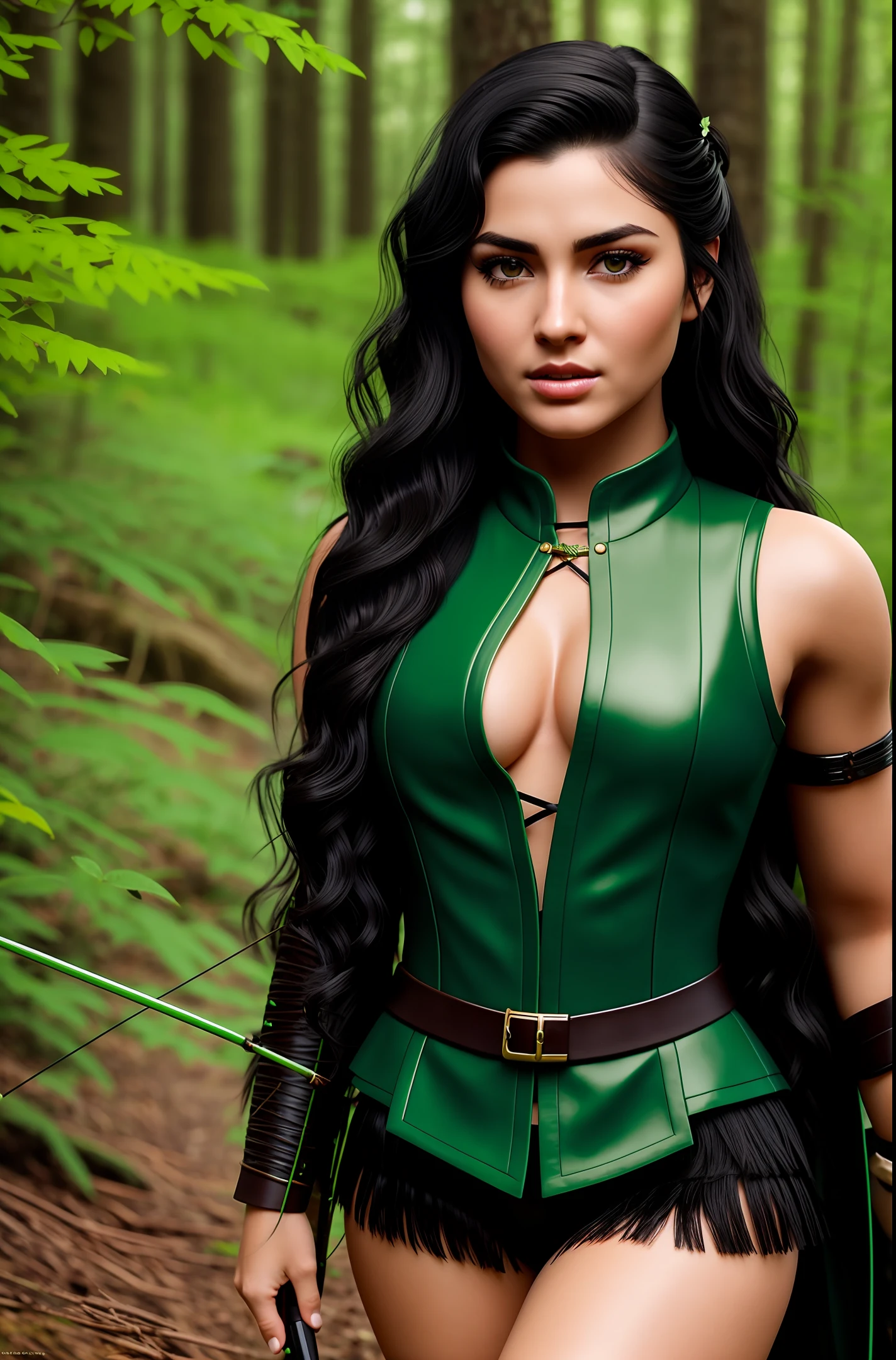 Realistic-looking woman with skin with plenty of detail wearing a green archer outfit, with wavy black hair, with flowers by the hair, thick eyebrows, lips without lipstick, bright honey eyes in a forest landscape. Photo HD, 4k, 8k, hyper realistic