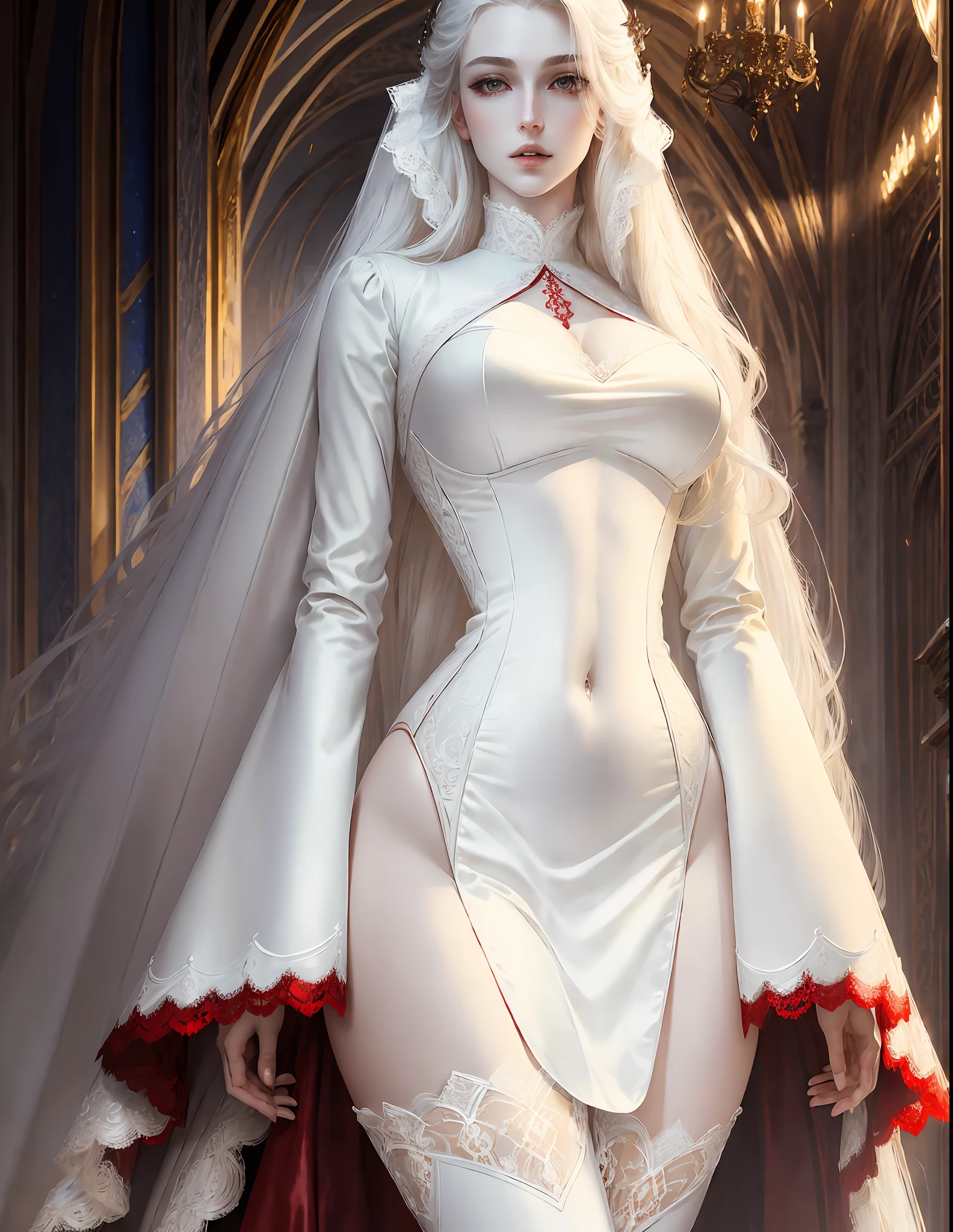 masterpiece, highest quality, (solo focus), (perfect face:1.1), (high detail:1.1),dramatic, 1guy, (pale skin), long straight voluminous white hair, red eyes, solo, moon, night, (white lace uniform:1.3), curvy hips, covered navel, pouty lips,(vampire), palace, detailed background, art by Heise Jinyao, gothic renaissance, cinematic lighting,
