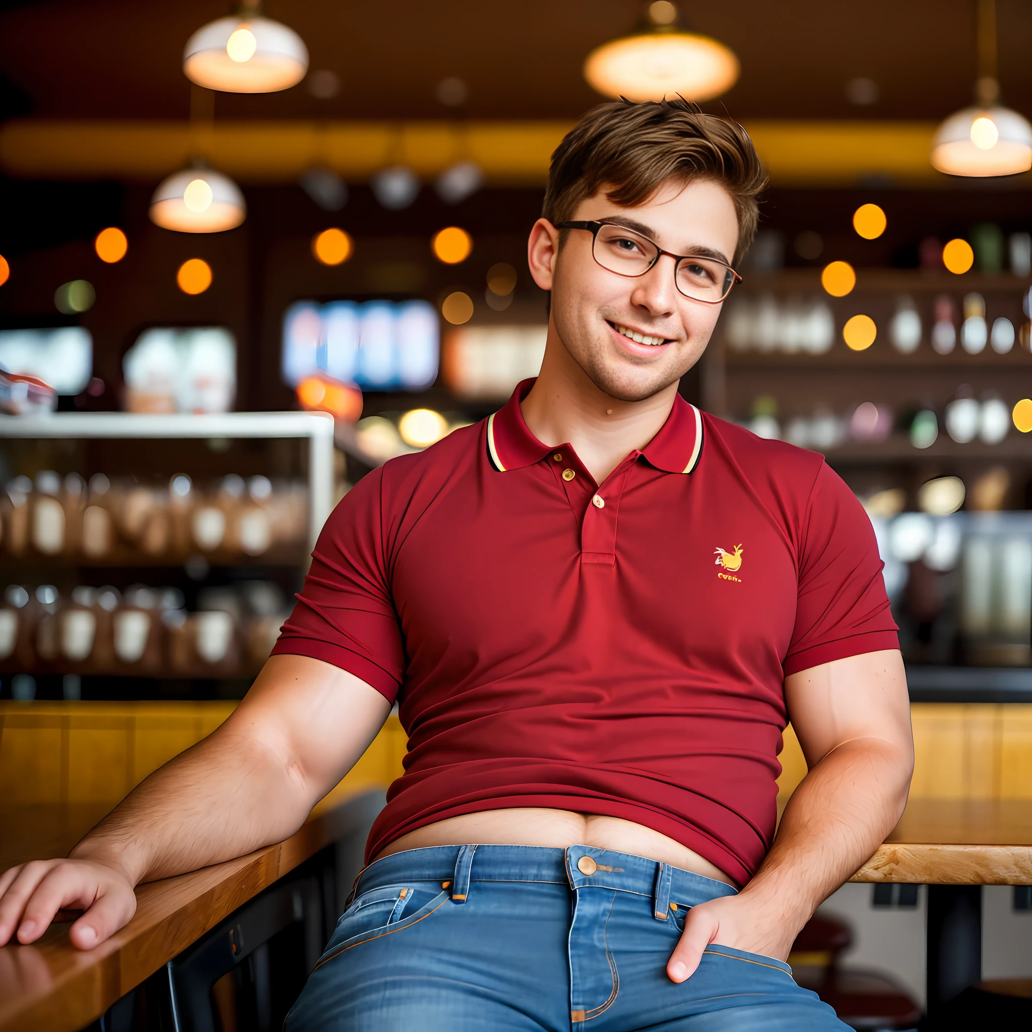 ((realism)), extremely high quality RAW photograph, detailed background, realistic photo, anatomically accurate, hot 24yo man, alone, 1 guy, solo, messy short brown hair, fully dressed, big muscles, thick thighs, chubby belly, cute perfect boyish face, big plump lips, big lips, white polo shirt, jeans, biceps, big belly, huge lips, glasses, alone, flirty smile, cocky, anatomically correct, at a colorful coffeeshop, soft lighting, (f1.8 short focus bokeh)