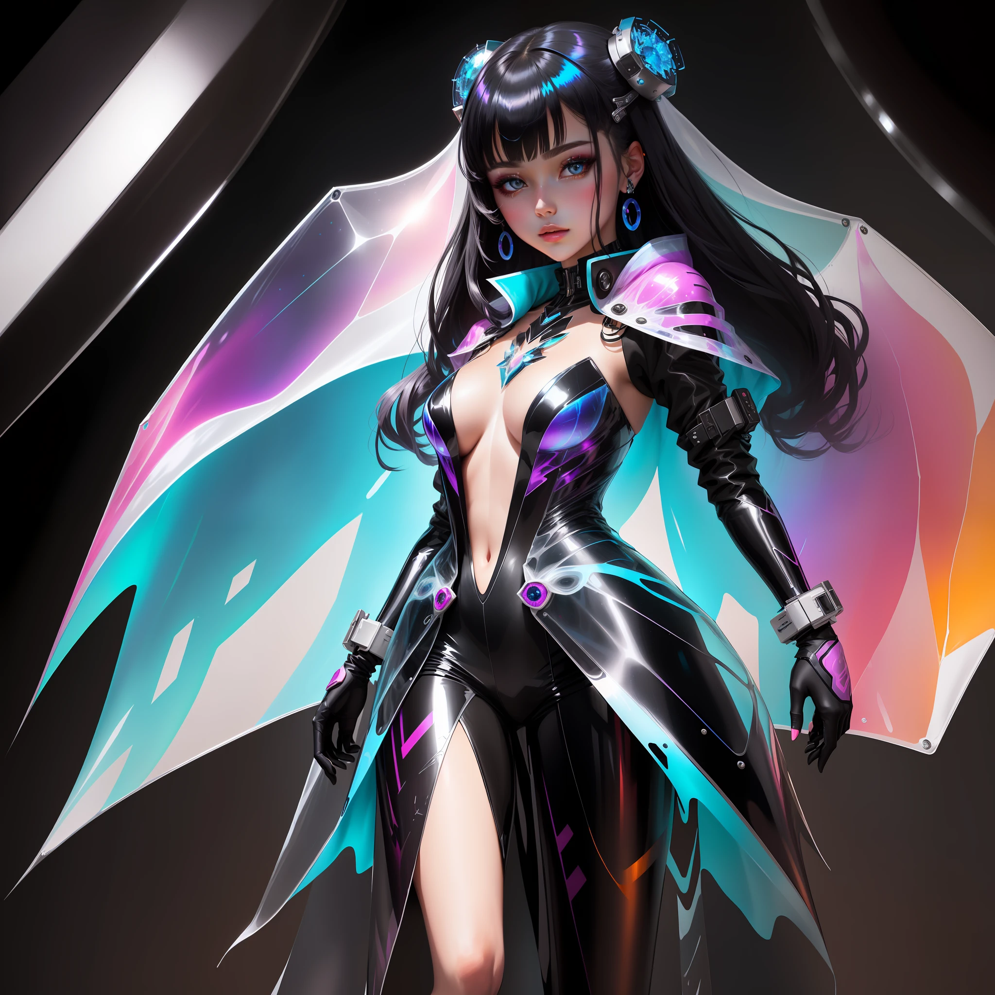 1 girl wearing colorful transparent PVC texture coat (((film interference))), whole body, beautiful eye, luster, jewelry, portrait, game original painting, anime character concept design, beautiful face, black background