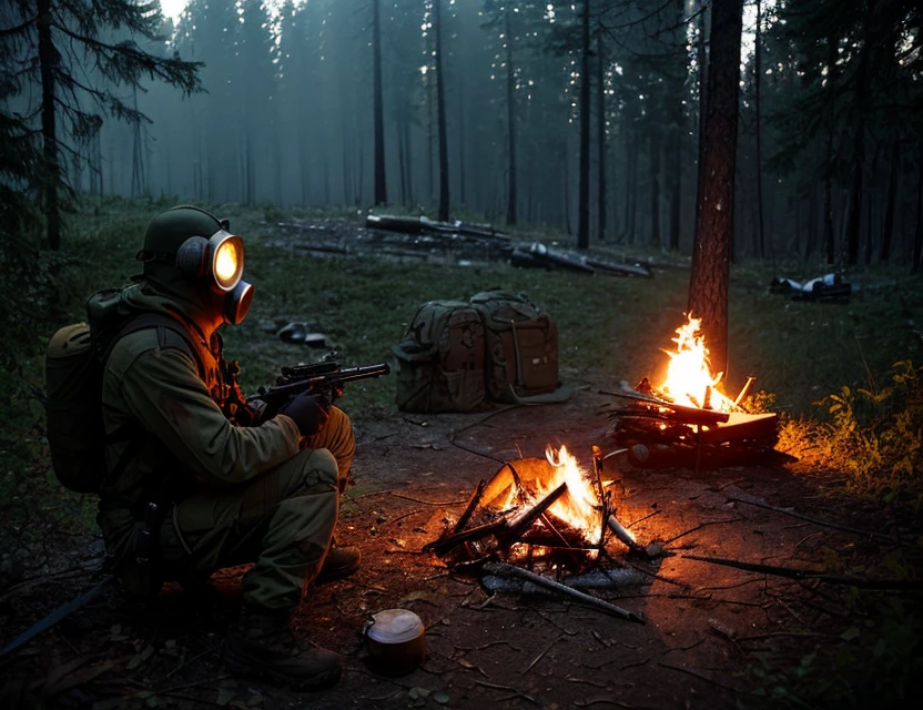 stalker, campfire, group, night, outdoors, sitting, weapon, anomaly, radiation, artifact, backpack, gas mask.