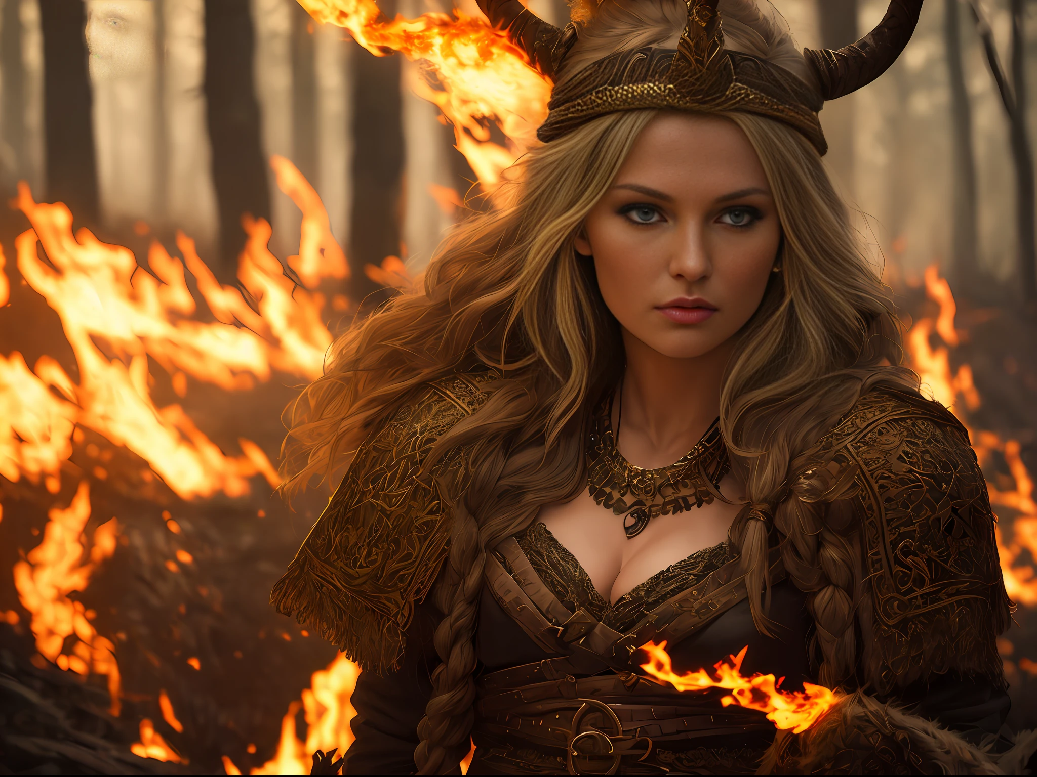 Award-winning photo close-up of a Viking woman posing in a burning dark forest, look at a camera, (cinematic: 1.5), epic realistic, hyper-detailed, crazy details, intricate details, accent lighting, soft volumetric light, bokeh, (dramatic light: 1.2), (neutral colors: 1.3) style of Darek Zabrocki