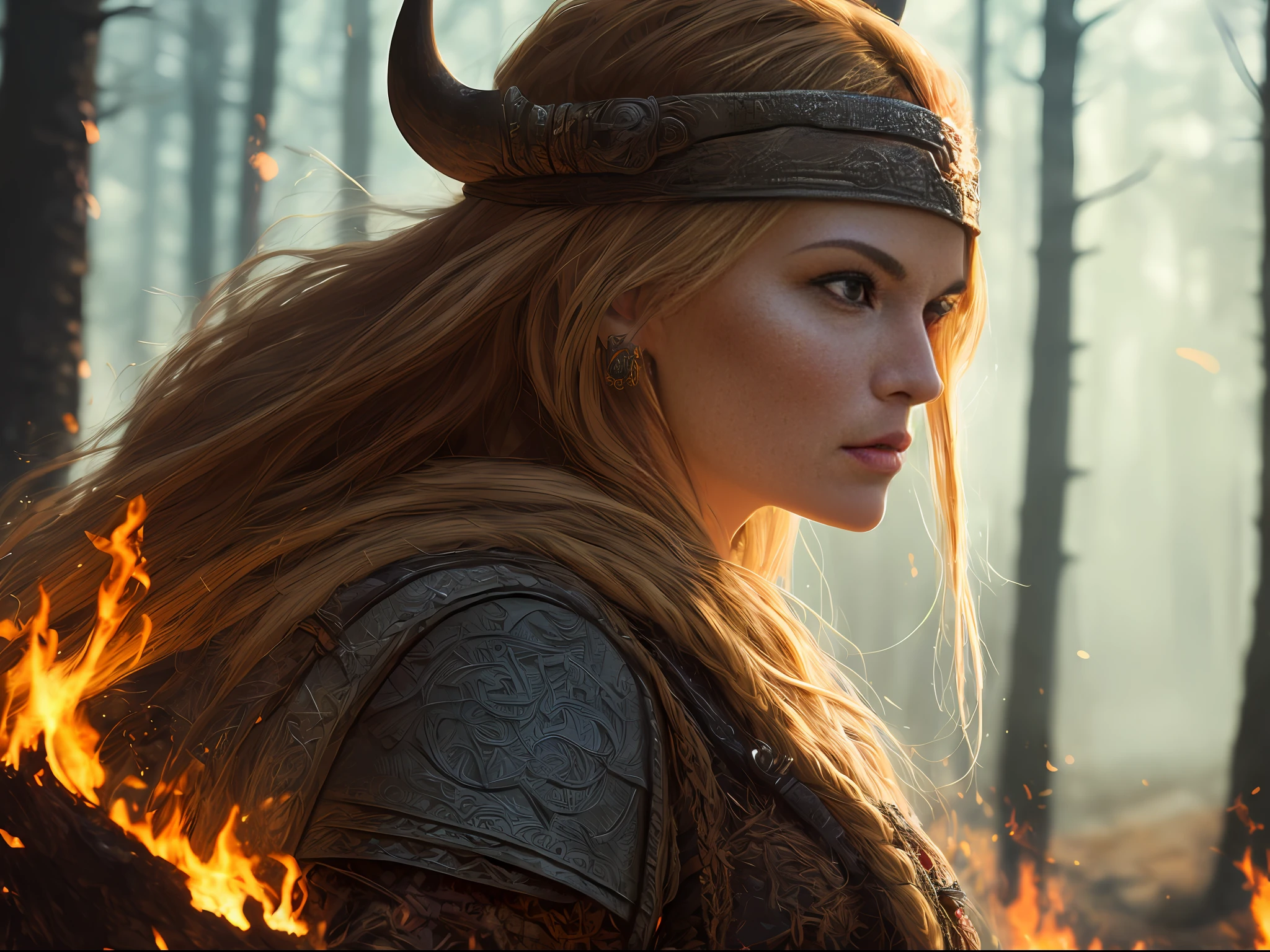 Award-winning photo close-up of a Viking woman posing in a burning dark forest, look at a camera, (cinematic: 1.5), epic realistic, hyper-detailed, crazy details, intricate details, accent lighting, soft volumetric light, bokeh, (dramatic light: 1.2), (neutral colors: 1.3) style of Darek Zabrocki