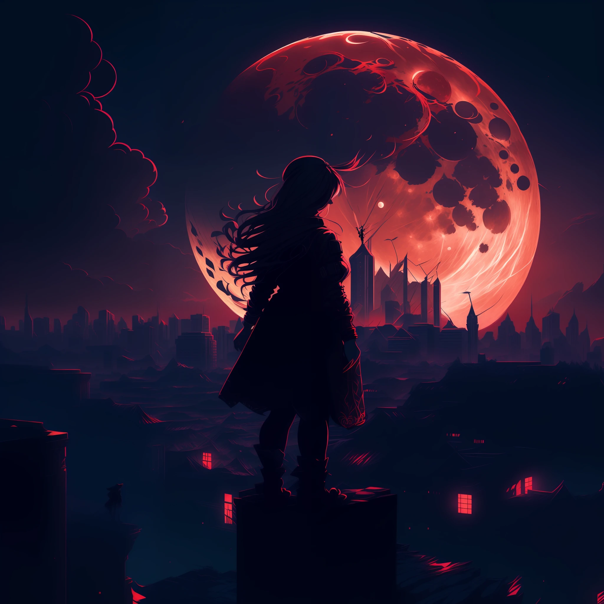 araffe woman standing on a ledge looking at a full moon, stylized urban fantasy artwork, red moon, anime art wallpaper 8 k, inspired by Alena Aenami, by Alena Aenami, blood moon background, anime art wallpaper 4 k, anime art wallpaper 4k, detailed crimson moon, 8k hd wallpaper digital art, 4k anime wallpaper