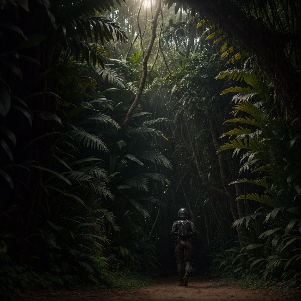 Rear angle, Highly detailed cinematic film still, Hip level shot, of (fit female soldier, wearing high-tech black Exo suit, helmet), running through the jungle, (lush vegetation), (mountains:1.1), (god rays:0.4), dense alien jungle, toned body, muscular butt, (highly detailed, hyperdetailed, intricate), (lens flare:0.4), (bloom:0.5), particle effects, cinematic lighting, (soft lighting:0.6), prominent projected shadows, deep depth of field, (film grain:0.5), photographed on a Leica SL (Typ 601) Mirrorless Digital Camera, 50mm wide angle lens, F2.8 aperture, deep focus, (RAW), cinematic film still from Gravity 2013, from behind