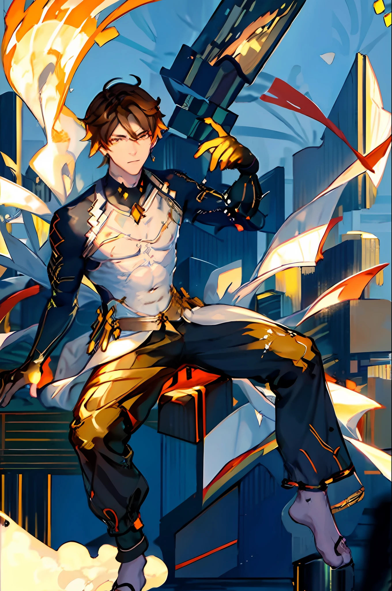 Best Quality, 8k, Masterpiece :1.3), one handsome young man with perfect figure and long hair :1.4, beautifully curved, Zhong Li, Zhongli, Dark brown hair, accent undisguised inflated chest, genshin impact, sitting on a stone throne, Very detailed face and skin, Detailed eyes, Double eyelid, chest and shoulders visible, intricate costume details, very beautiful face, stern look