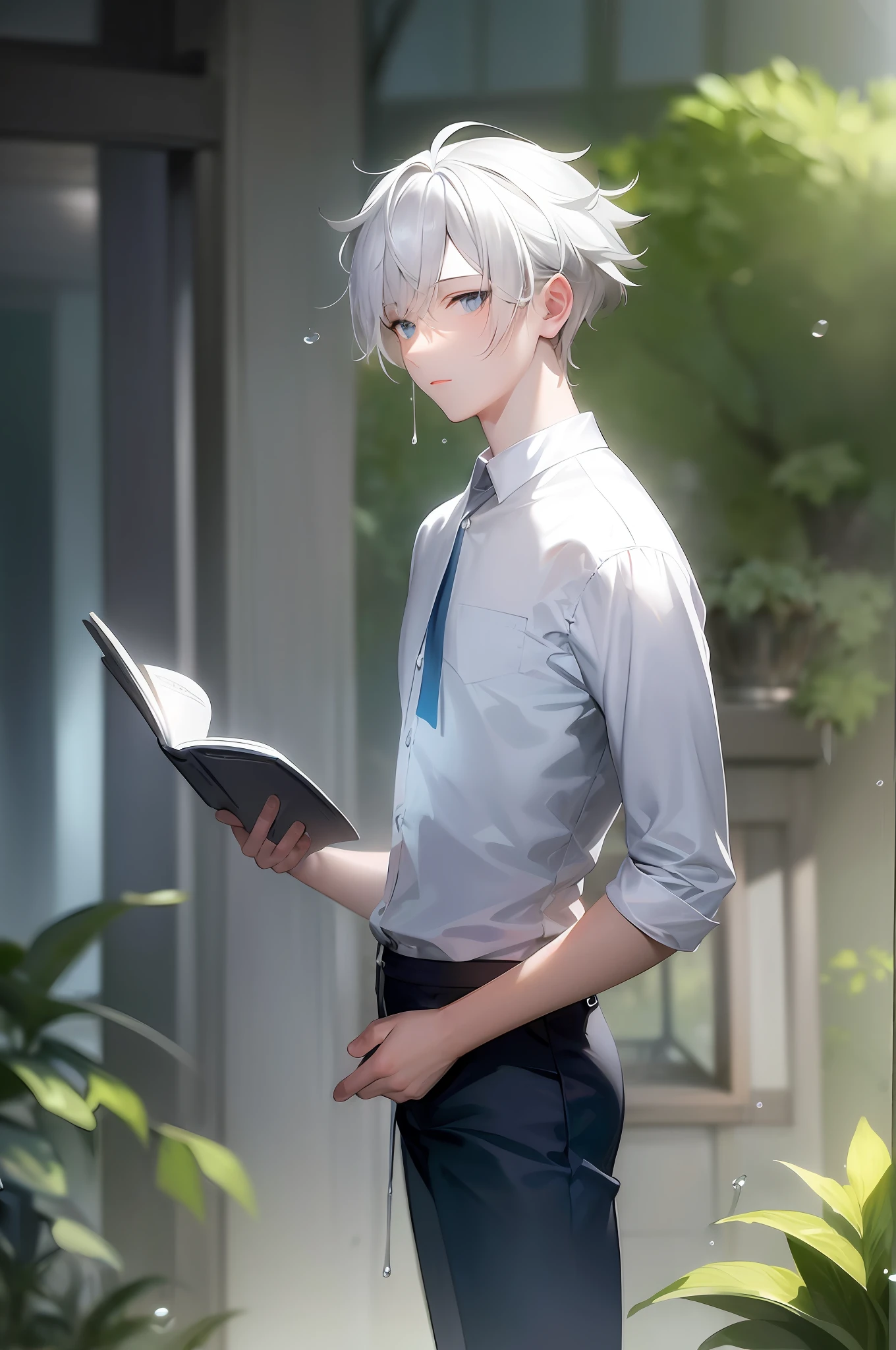 color photo of a white-haired boy character in a white shirt and blue pants standing while reading a book, surrounded by tall trees and sunlight, with raindrops falling and a misty, low-saturation ambiance.  The image should have a cinematic feel with ultra-clear details and be a concept art