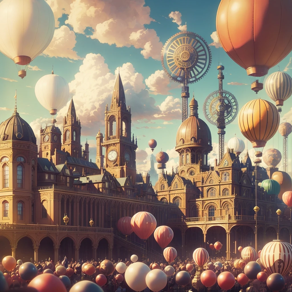 at the steampunk world fair, giant shiny machines and gears and pipes and balloons, victorian wood and white architecture, beautiful, vivid, sunny, anime movie still, ghibli style, --v 6
