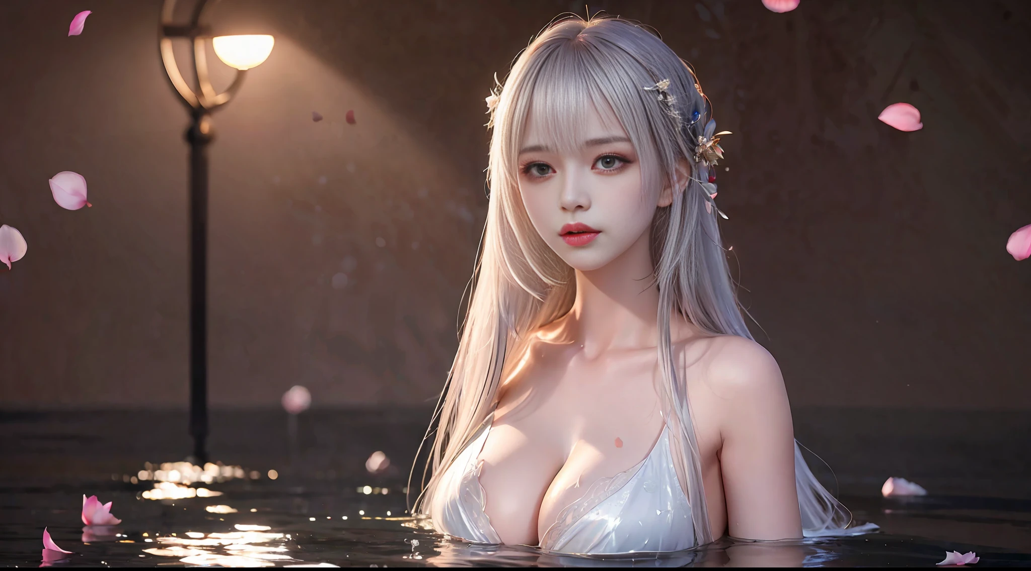 Silver hair, long hair, upper body, standing in the water, split bangs, modern, surrealism, cinematic lighting, chiaroscuro, masterpiece, textured skin, high resolution, high quality, high detail, beautiful face, big breasts, pronounced cleavage, translucent clothes, falling petals
