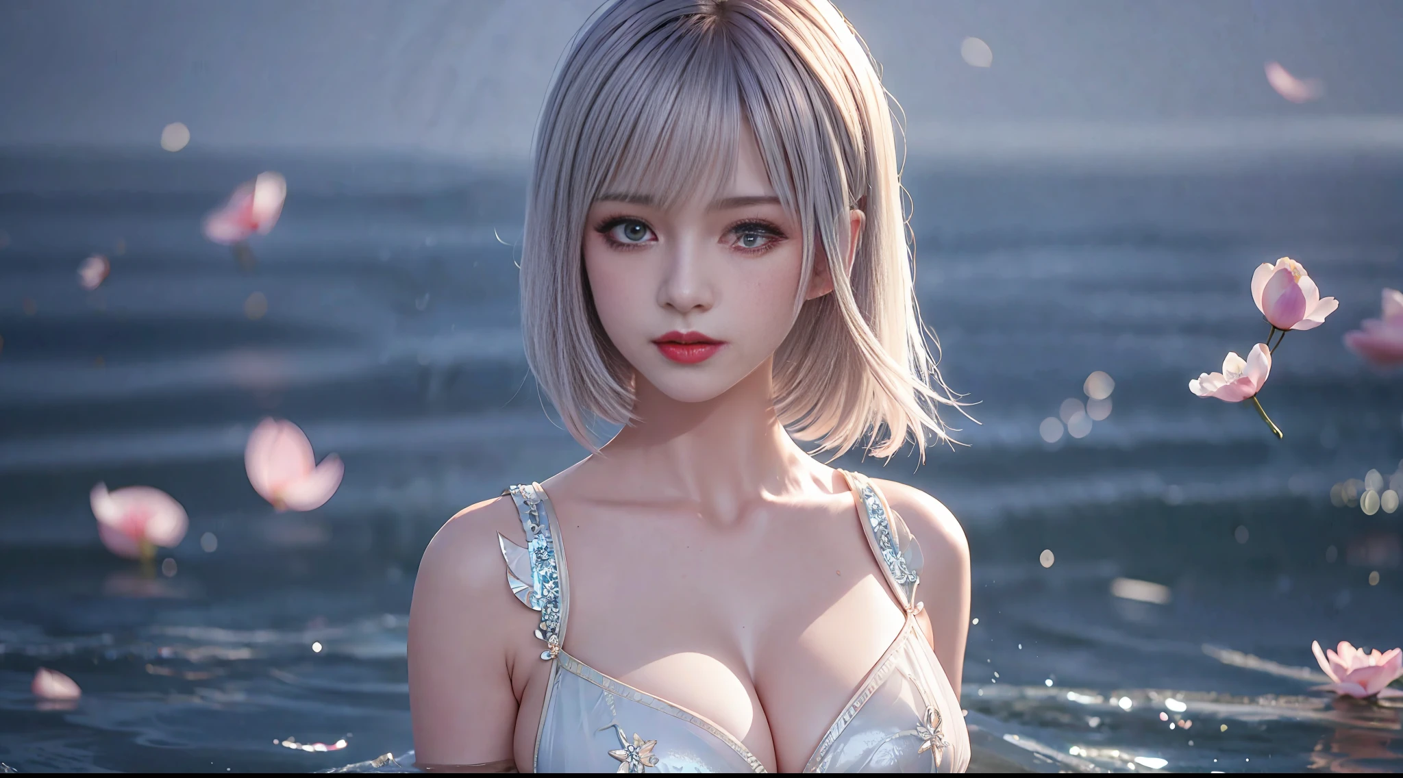 Silver hair, short hair, upper body, standing in the water, split bangs, modern, surreal, cinematic lighting, chiaroscuro, masterpiece, textured skin, high resolution, high quality, high detail, beautiful face, big breasts, pronounced cleavage, translucent clothes, falling petals