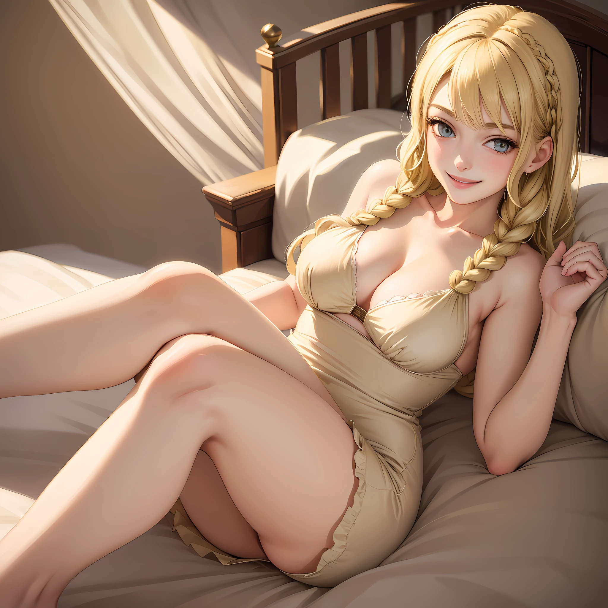 Masterpiece,1girl, Anne Hathaway,best quality, realistic, realistic, masterpiece, best quality, high quality, detail, high resolution, absurd, ((((short blonde)))), blue eyes, ((shoulder length side braid)), C cup breasts, white and red cheerleading costumes, (((solo))))), (SFW))))), ((smug smile)))), ((in the shot)), lying down, lying in bed.
