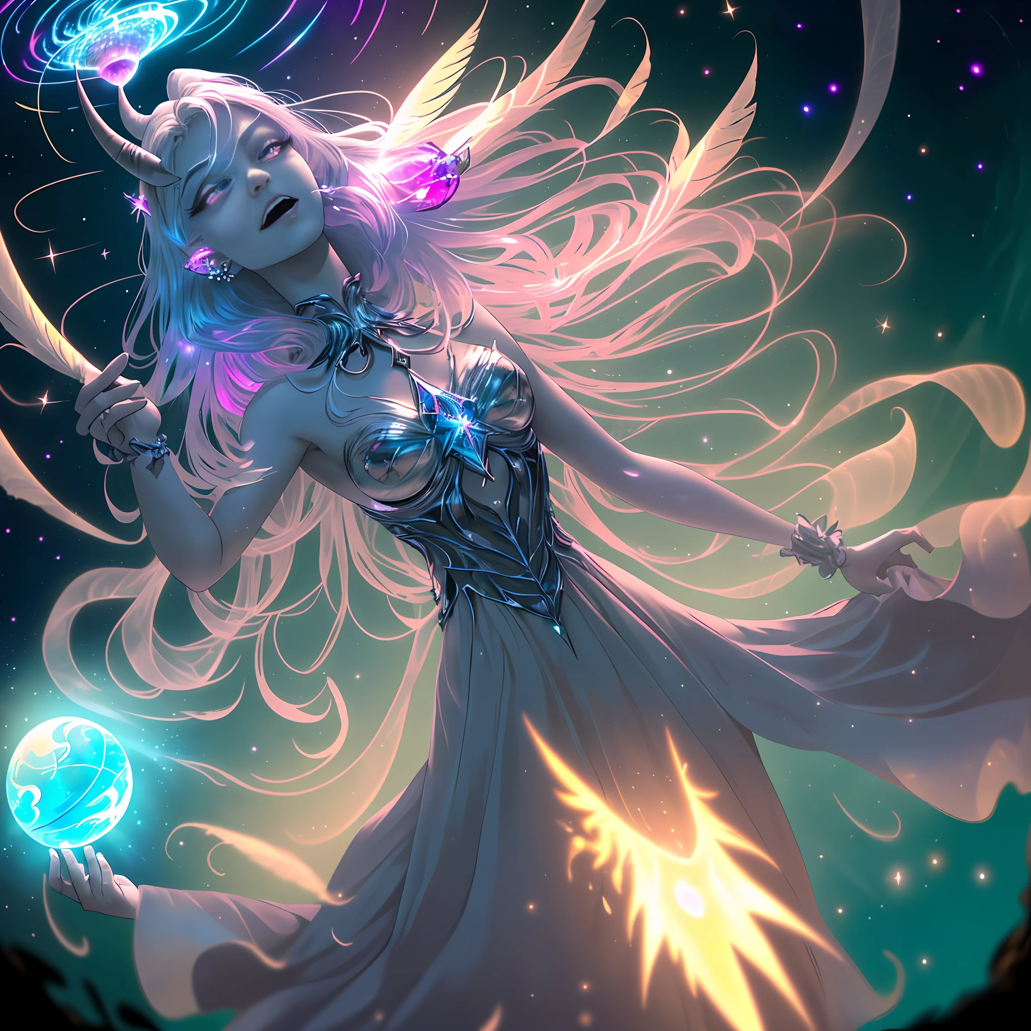 ((best quality)), ((masterpiece)), ((realistic)), full body portrait, {tanned skin}, {lillith}, 1girl, (((celestial))), deity, {devil horns}, {delicate and beautiful gothic ball gown}, {teifling goddess}, light particles, halo, looking at viewer, (bioluminescent:0.95) ocean, bioluminescent, piercing glare, celestial:evil bioluminescent eyes, vibrant, (((colourful))), color, (glowing, glow), (beautiful composition), cinematic lighting, intricate, (symmetrical:0.5), {fisheye lens}, ((angle from below)), (((fisheye lens))), (((corrupted celestial feathers falling in background))), {hair flowing majestically in the wind}, ((age 24)), ahegao, (((age 32 face))), ((slender delicate face)), ((hands frantically reaching toward viewer)), ((seductive plot)), (((psychotic:evil expression))), (((murderous plot))), (((maniacal laughter)))