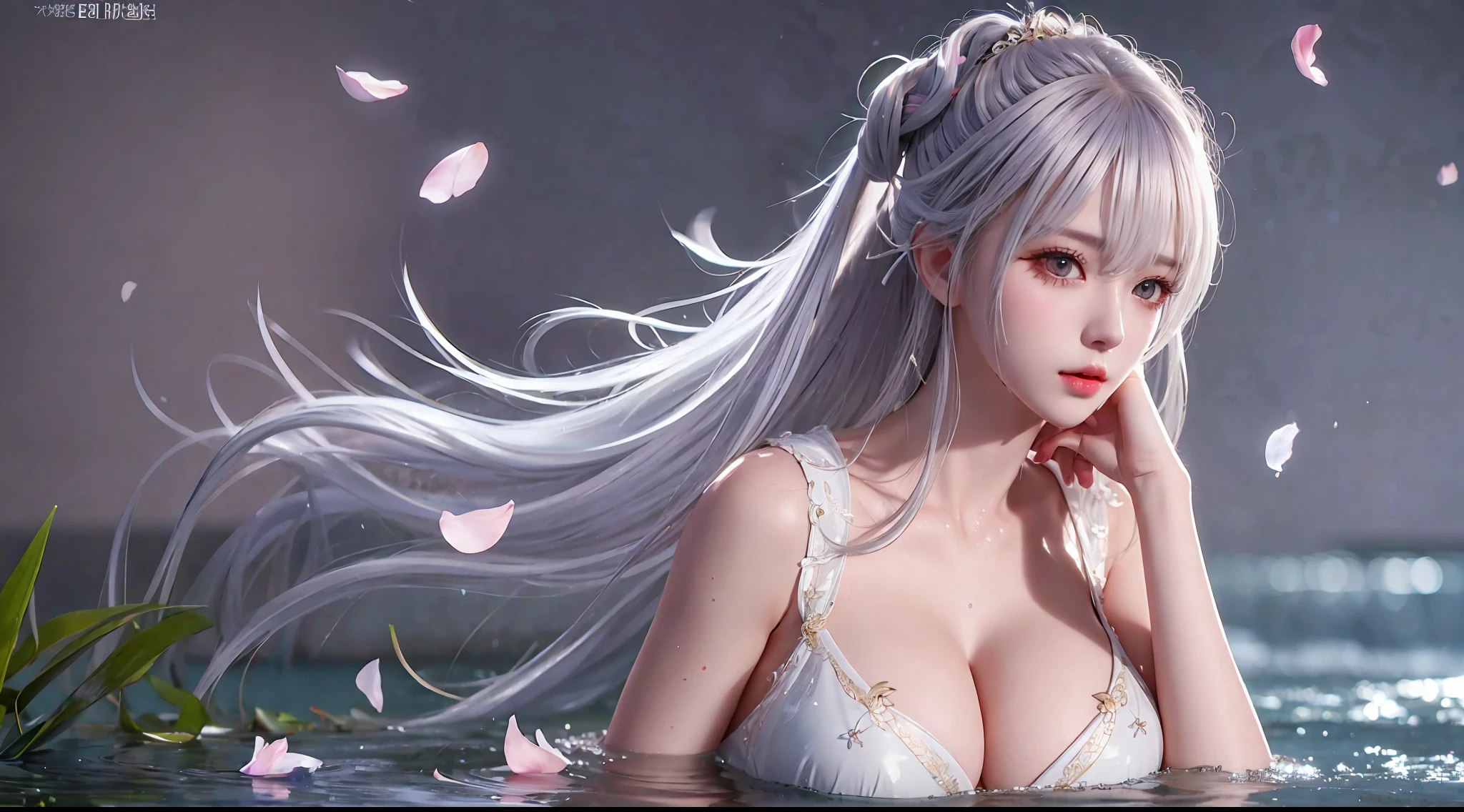 Silver hair, double bun, upper body, standing in water, parted bangs, modern, surreal, film lighting, chiaroscuro, masterpiece, textured skin, high resolution, high quality, high detail, beautiful face, big breasts, obvious cleavage, translucent clothes, falling petals