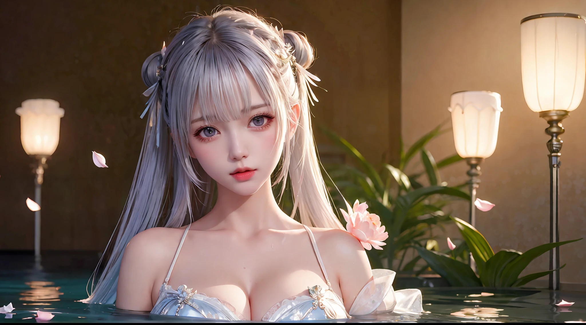 Silver hair, double bun, upper body, standing in water, parted bangs, modern, surreal, film lighting, chiaroscuro, masterpiece, textured skin, high resolution, high quality, high detail, beautiful face, big breasts, obvious cleavage, translucent clothes, falling petals