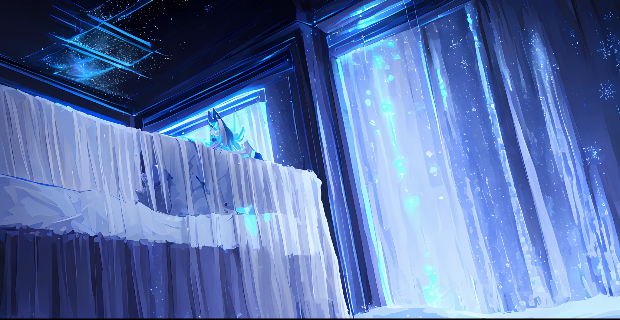 shota, long hair, blue eye, glow eye, femboy, neon city, snowfall, midnight, fox ear, deep blue ear, fox tail, deep blue fox, deep blue jacket, cute, collar, Two tail, space katana, God, fur body, full body, the lower body is nude, snow fox, character, master piece, fluffy tail, current, shy, NFSW, Highest Quality, 8k, full HD, four ear fox, winter, own character, nude, nsfw, light blue hair, 10 years, super Shy, sleep, demon sexual tattoo, heart eye, full demon sexual tattoo