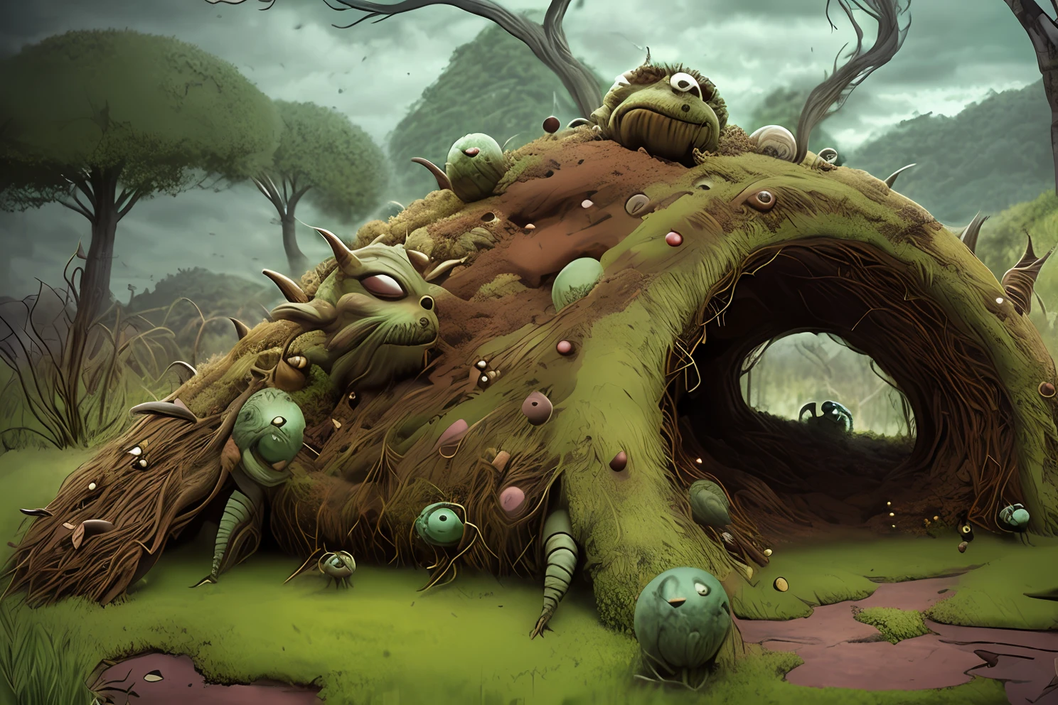 backyard monster anthill, fantasy, artistic, aesthetic