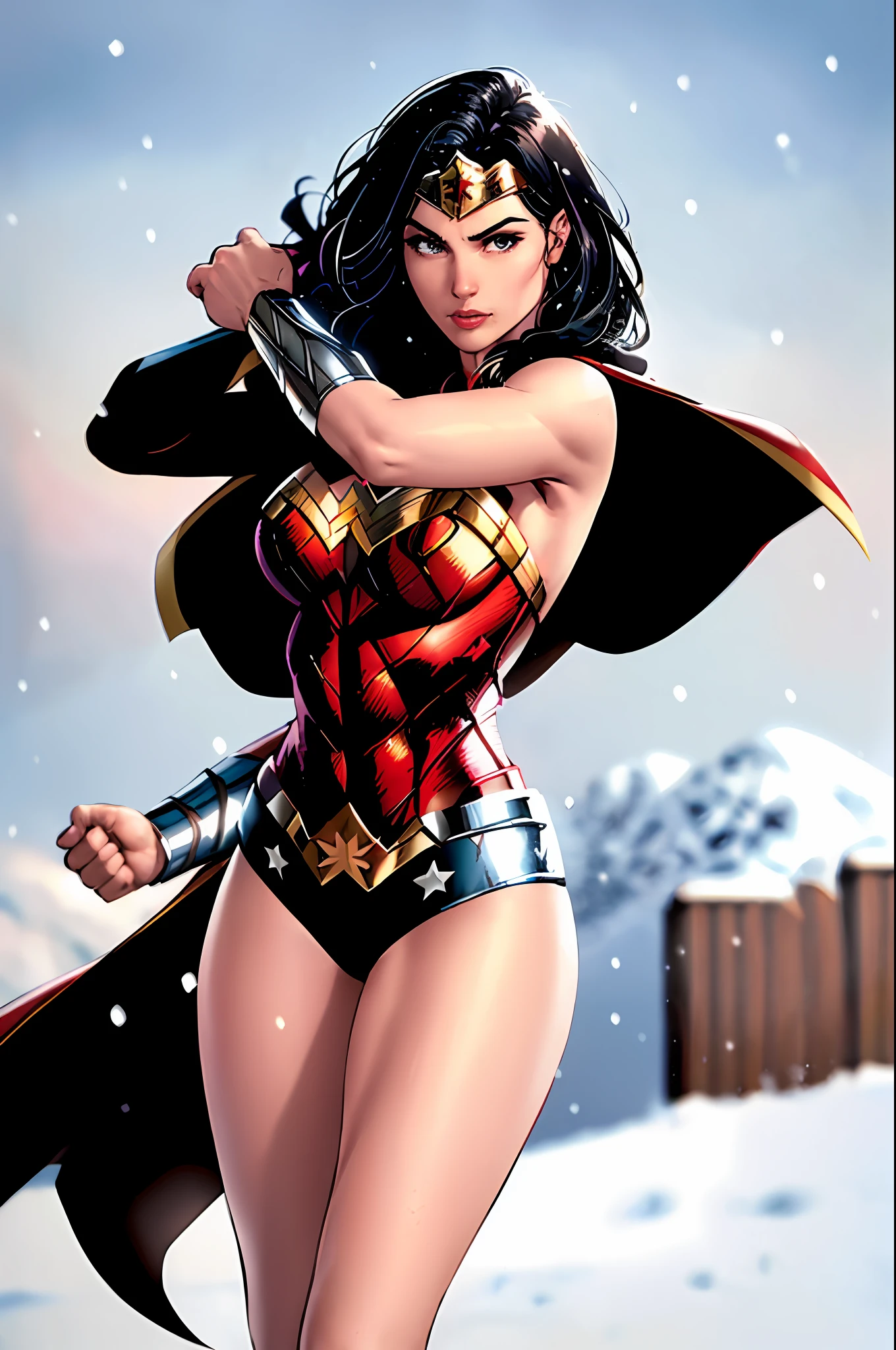 jim lee,
1girl, wonder woman, armlet, black hair, blurry, bracer, breath, cape, cowboy shot, depth of field, holding, holding weapon, lasso, looking at viewer, parted lips, pommel, realistic, reverse grip, shield, leotard, snow, snowing, solo, superhero, sword, tiara, toned, weapon, weapon behind back
, ((masterpiece))