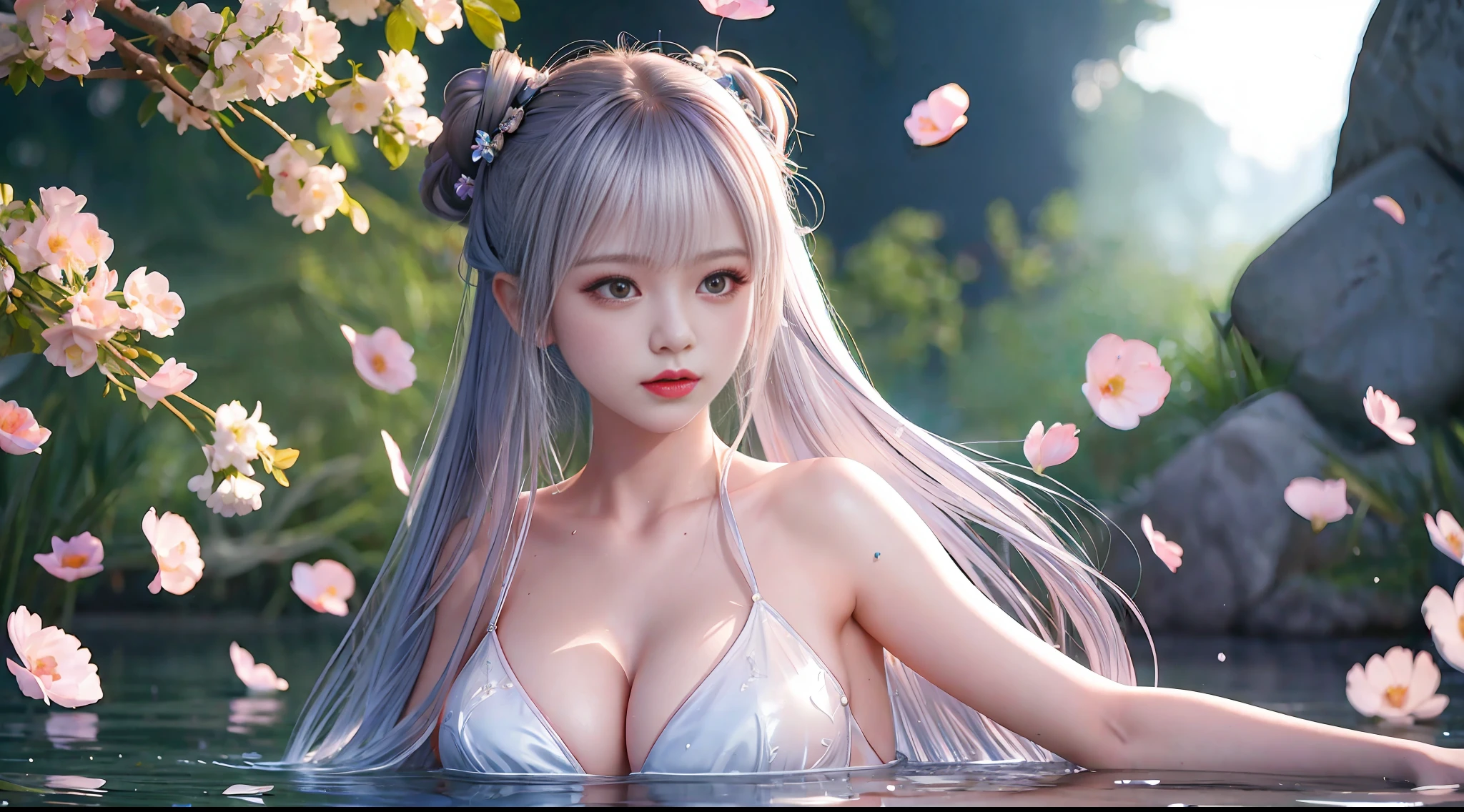 Silver hair, double bun, upper body, standing in water, parted bangs, modern, surreal, film lighting, chiaroscuro, masterpiece, textured skin, high resolution, high quality, high detail, beautiful face, big breasts, obvious cleavage, translucent clothes, falling petals