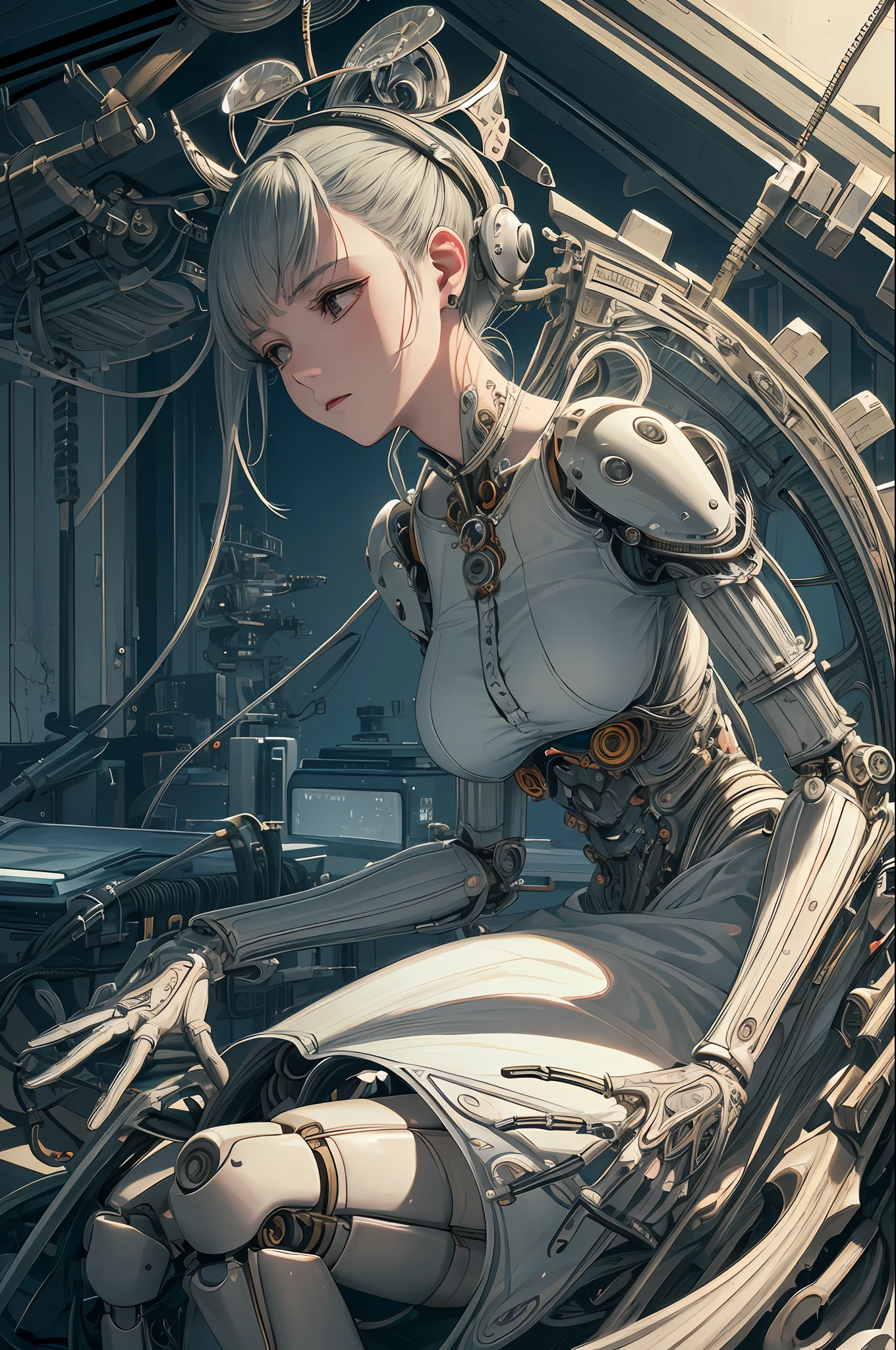 (((masterpiece))), (((best quality))), ((ultra-detailed)), (highly detailed CG illustration), ((an extremely delicate and beautiful)),(from side),cinematic light,((1mechanical girl)),solo,full body,(machine made joints:1.2),((machanical limbs)),(blood vessels connected to tubes),(mechanical vertebra attaching to back),((mechanical cervial attaching to neck)),(sitting),expressionless,(wires and cables attaching to neck:1.2),(wires and cables on head:1.2)(character focus),science fiction,extreme detailed,colorful,highest detailed