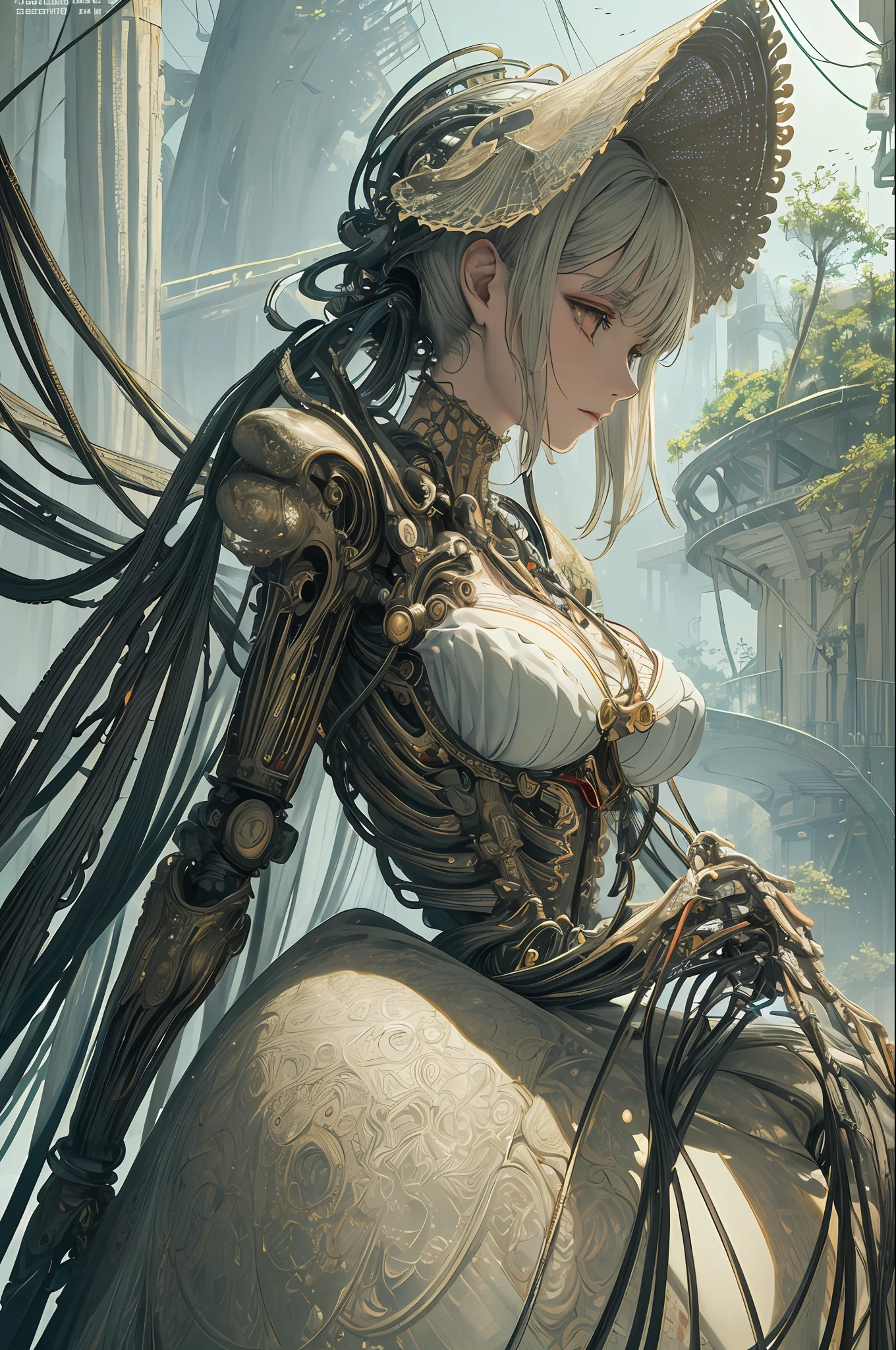 (((masterpiece))), (((best quality))), ((ultra-detailed)), (highly detailed CG illustration), ((an extremely delicate and beautiful)),(from side),cinematic light,((1mechanical girl)),solo,full body,(machine made joints:1.2),((machanical limbs)),(blood vessels connected to tubes),(mechanical vertebra attaching to back),((mechanical cervial attaching to neck)),(sitting),expressionless,(wires and cables attaching to neck:1.2),(wires and cables on head:1.2)(character focus),science fiction,extreme detailed,colorful,highest detailed