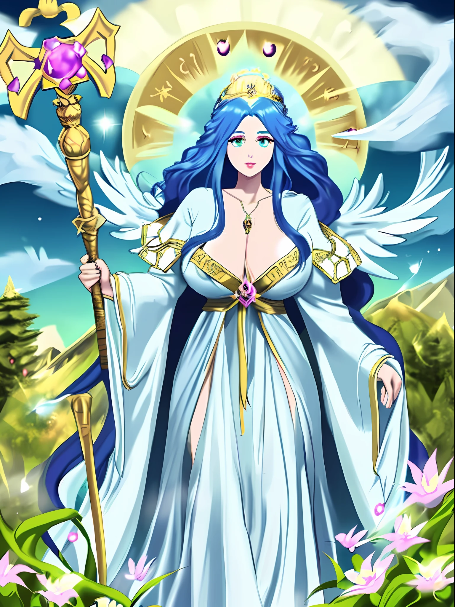 a cartoon drawing of a woman with long hair and a staff, character adoptable, the non-binary deity of spring, beautiful ancient frost witch, full body adoptable, human :: sorceress, white haired deity, fae priestess, she is holding a long staff, full portrait of elementalist, anime in fantasy style, jellyfish priestess a cartoon image of a woman with a blue hair and a gold crown, mystical atlantean valkyrie, lady palutena, as a mystical valkyrie, knights of zodiac girl, the greek goddess aphrotite, palutena, lucy the god of time, full - body majestic angel, as the goddess of the sun, inka harpy girl,there is a cartoon picture of a woman with a very large angel wings, glowing angelic being, glowing holy aura, inspired by Luma Rouge, the non-binary deity of spring, ethereal rainbow nimbus, the butterfly goddess of fire, inspired by Marie Angel, glowing aura around her, astral fairy, as the goddess of the sun, “uwu the prismatic person, big breast, happy, beautiful eyes,, happy, angel halo, angel wings