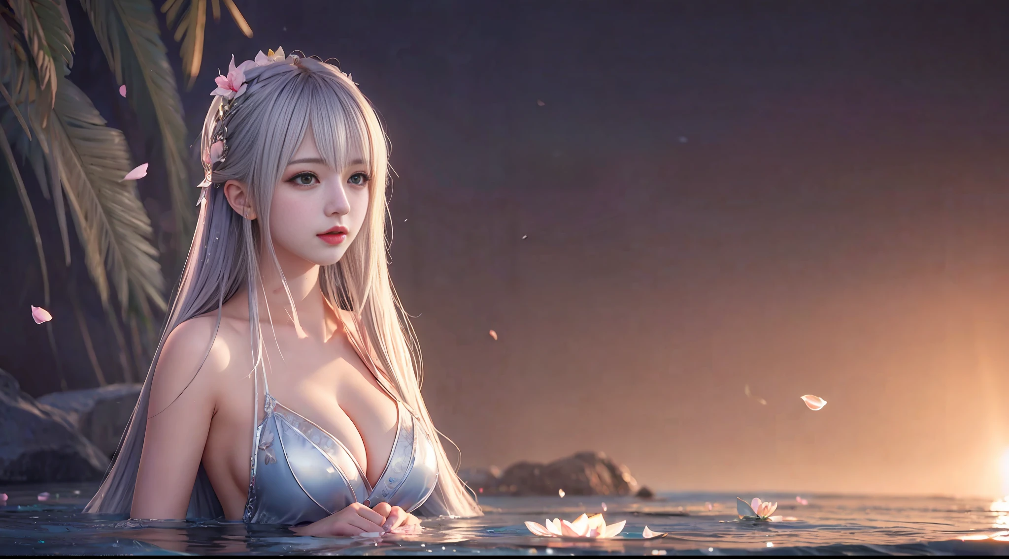 Silver hair, upper body, standing in the water, split bangs, modern, surrealism, cinematic lighting, chiaroscuro, masterpiece, textured skin, high resolution, high quality, high detail, beautiful face, ???????????, pronounced cleavage, translucent clothes, falling petals