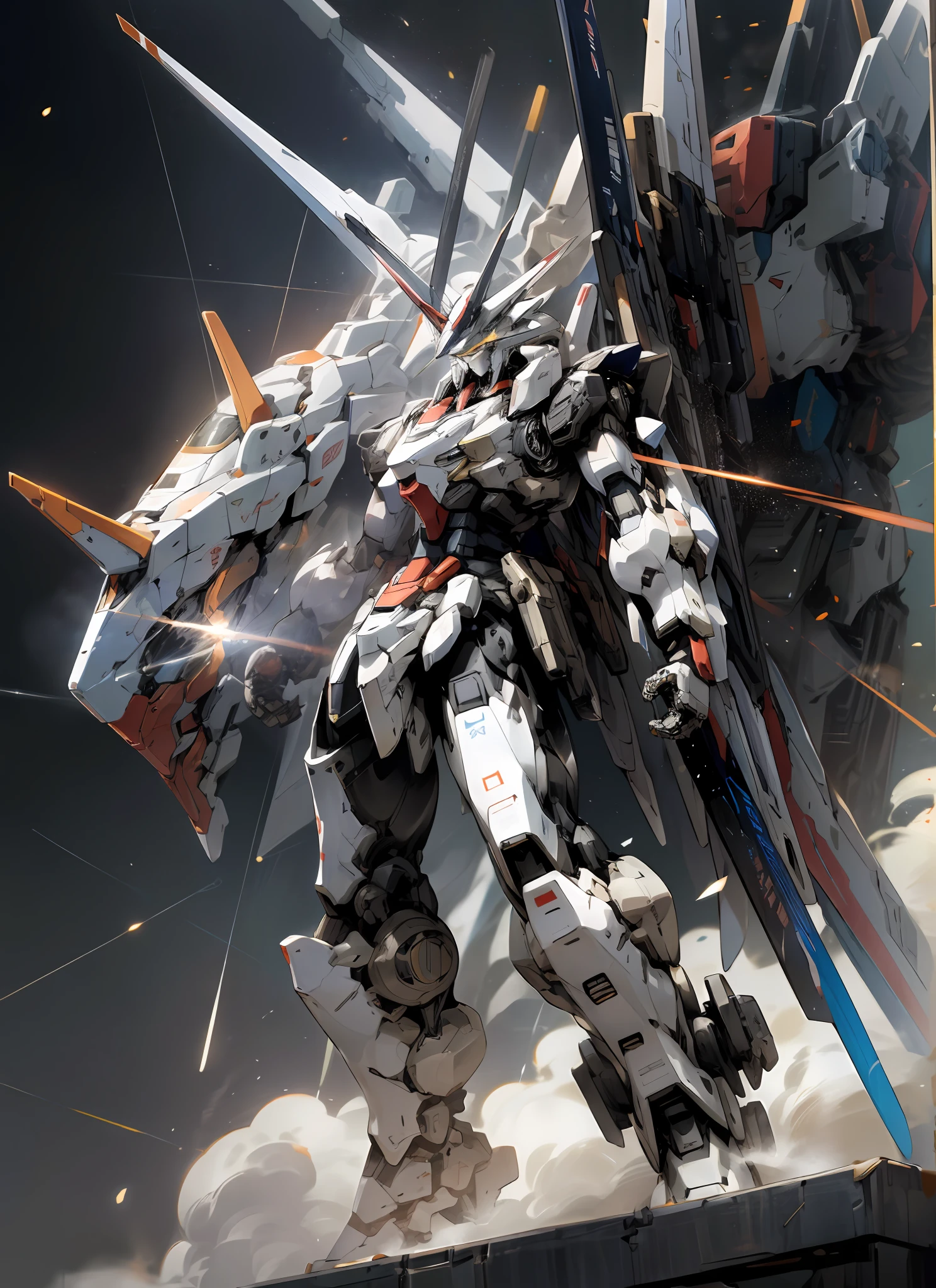 Surrealism, ray tracing, UHD, high details, 8k, best quality, textured skin, Gundam mech, mecha dragon, masterpiece, best quality, mecha, unmanned, (full body), (white mech: 1.5), (axisymmetry: 1.4), (HDR), (movie light: 1.1), white eyes, cool, science fiction, fire, laser cannon beam, war, conflict, Space looking down on the background of the earth with weapons in hand, (holding huge weapons: 1.5), holding oversized shields, mecha men,