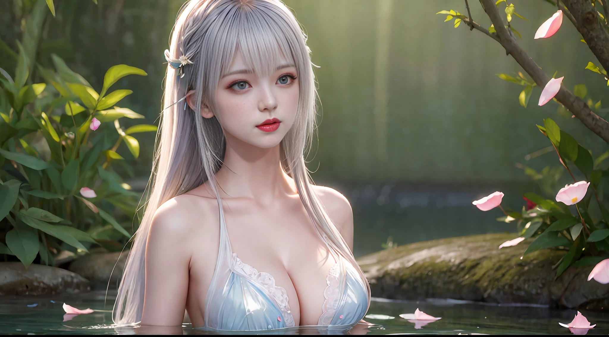Silver hair, upper body, standing in the water, split bangs, modern, surrealism, cinematic lighting, chiaroscuro, masterpiece, textured skin, high resolution, high quality, high detail, beautiful face, big breasts, pronounced cleavage, translucent clothes, falling petals