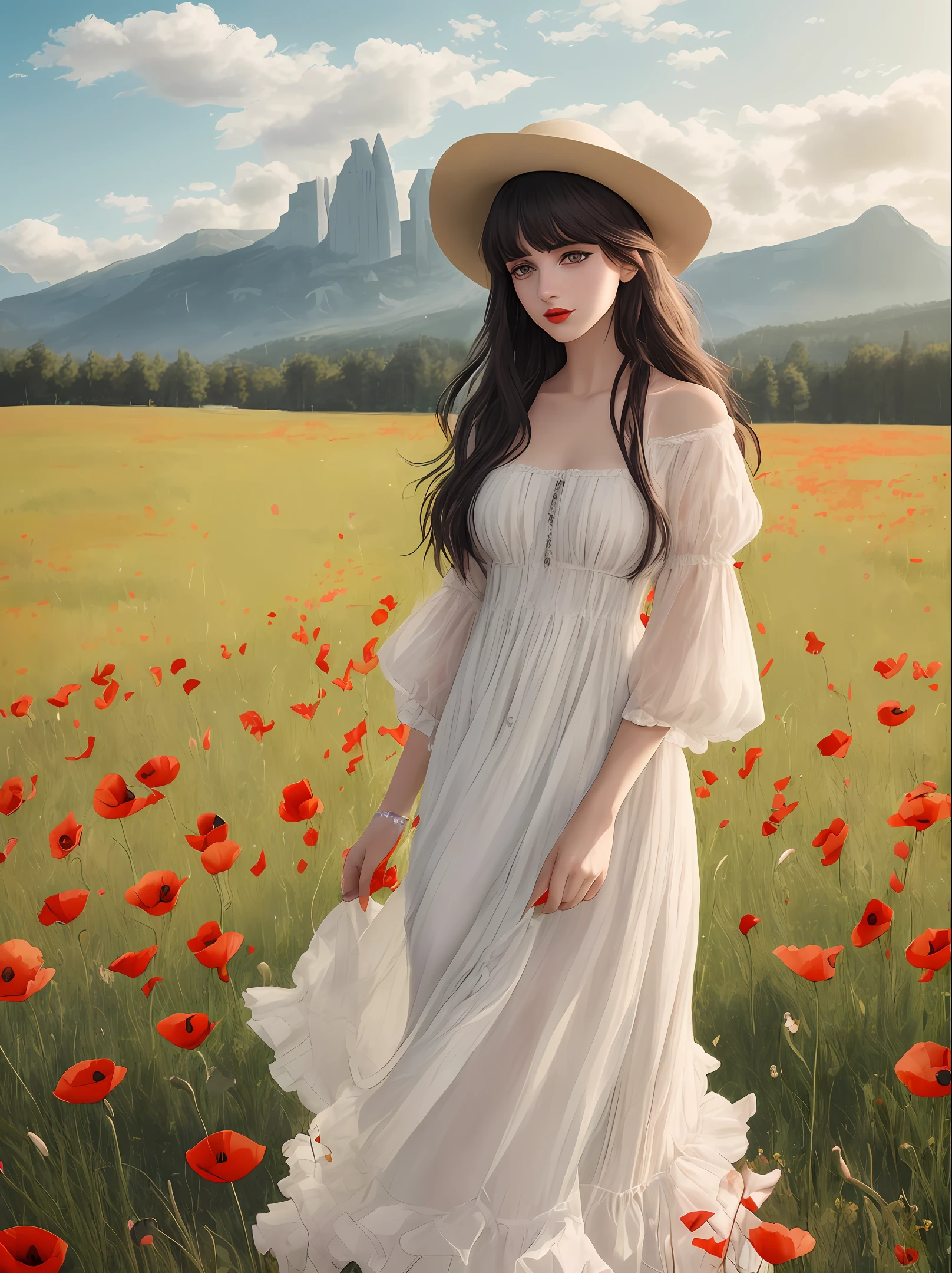 high-quality digital art, poppies, happy, red lips, long black hair, wavy long hair, bangs, straight bangs, brown eyes, white skin, red nails, picture-perfect face, flawless, clean, masterpiece, (((sharp))) ((focus)) (instagram) (8k) masterpiece, beautiful dress, delicate tracing, pink accents, digital painting, outside, poppy field, highly detailed light, cinematic light, high-quality, a digital painting masterpiece, best quality, absurdly high resolution, mountains, windy day, poppy petals, straw hat, cloudy sky, sun, wind, poppies, detailed background, big field, rustic feel, intricate details, glow, shiny hair, black hair, loose hair, lustrous skin, warm vibe, windblown hair, one girl