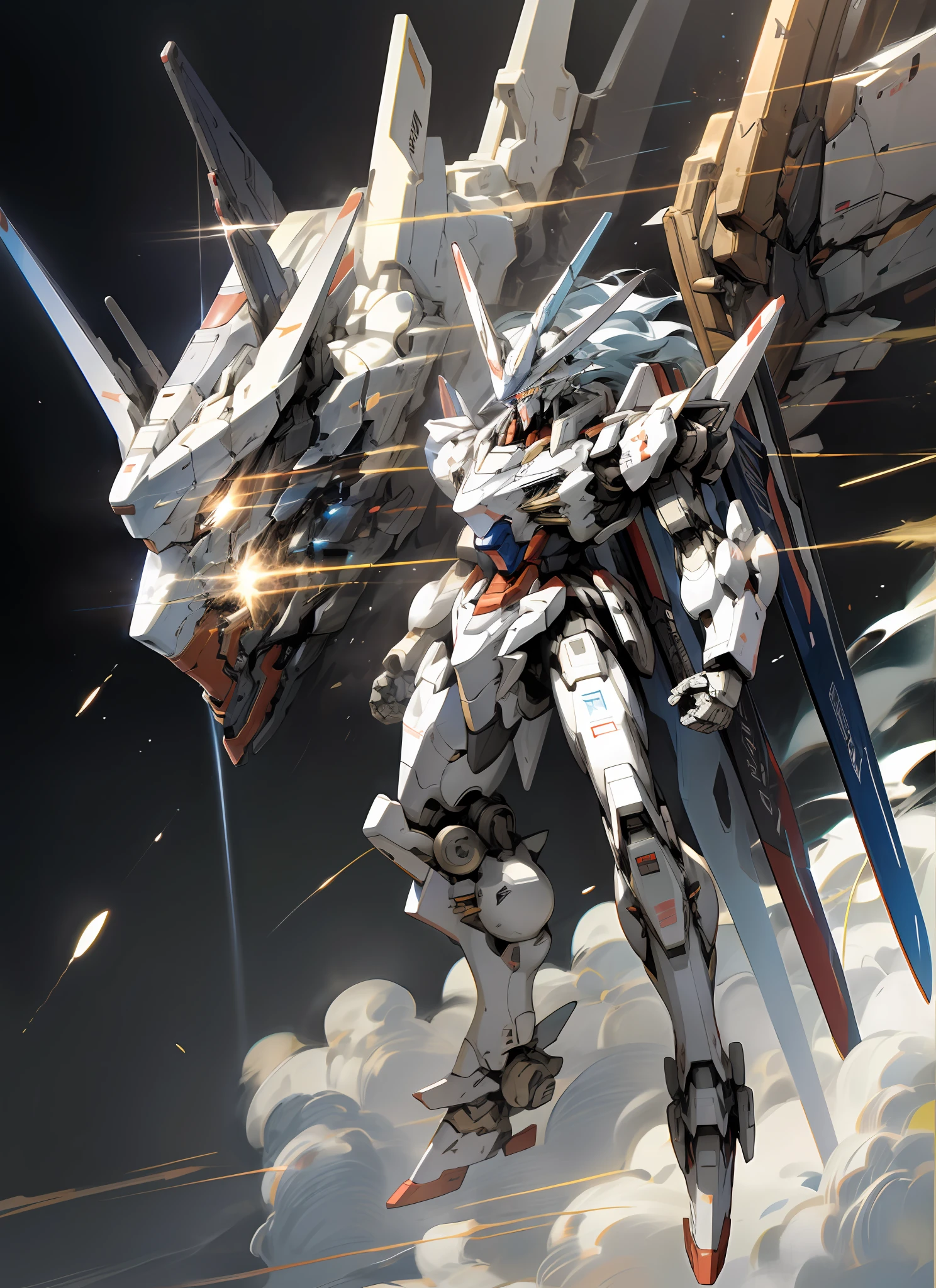 Surrealism, ray tracing, UHD, high details, 8k, best quality, textured skin, Gundam mech, mecha dragon, masterpiece, best quality, mecha, unmanned, (full body), (white mech: 1.5), (axisymmetry: 1.4), (HDR), (movie light: 1.1), white eyes, cool, science fiction, fire, laser cannon beam, war, conflict, Space looking down on the background of the earth with weapons in hand, (holding huge weapons: 1.5), holding oversized shields, mecha men,
