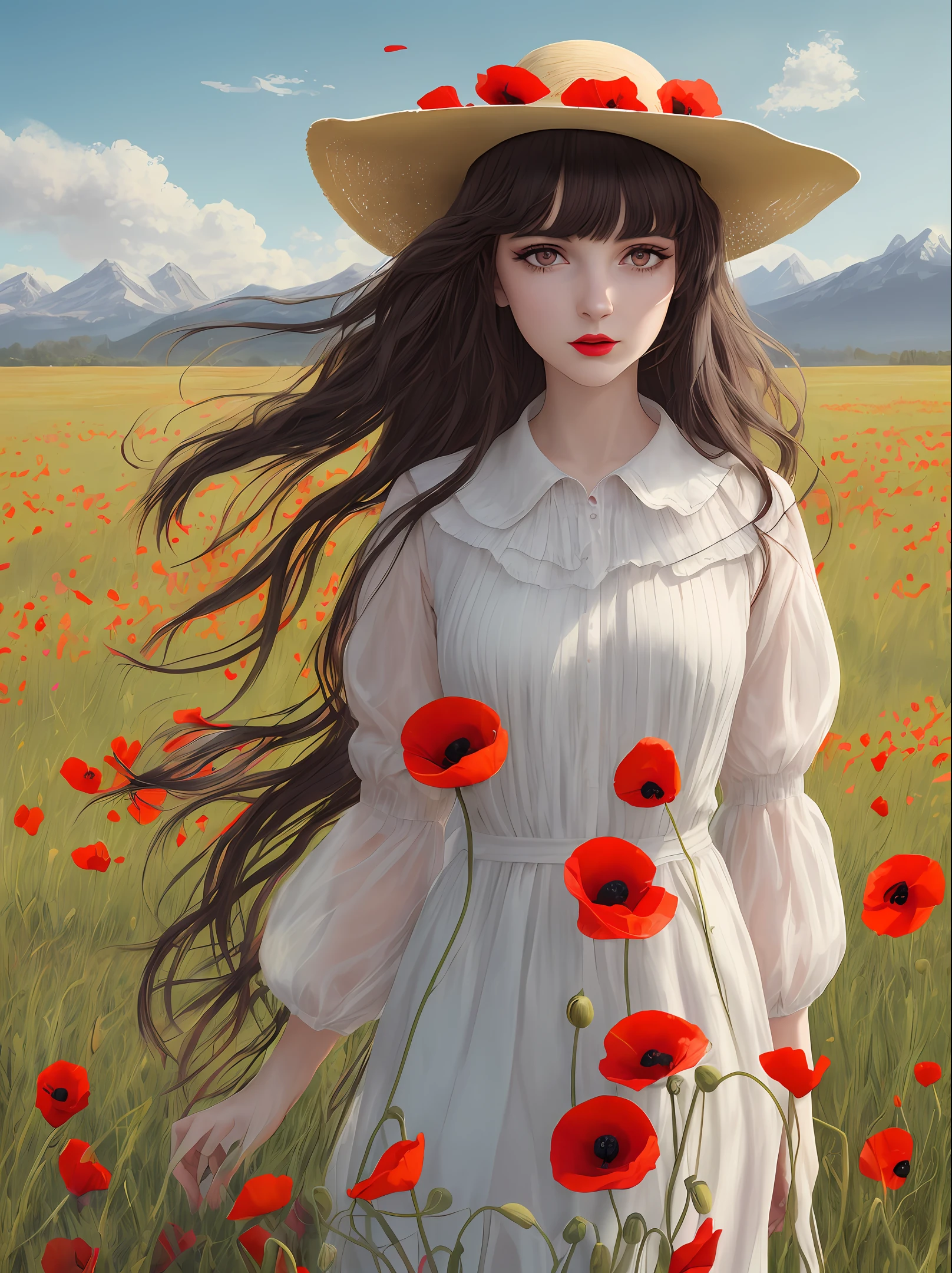 high-quality digital art, poppies, happy, red lips, long black hair, wavy long hair, bangs, straight bangs, brown eyes, white skin, red nails, picture-perfect face, flawless, clean, masterpiece, (((sharp))) ((focus)) (instagram) (8k) masterpiece, beautiful dress, delicate tracing, pink accents, digital painting, outside, poppy field, highly detailed light, cinematic light, high-quality, a digital painting masterpiece, best quality, absurdly high resolution, mountains, windy day, poppy petals, straw hat, cloudy sky, sun, wind, poppies, detailed background, big field, rustic feel, intricate details, glow, shiny hair, black hair, loose hair, lustrous skin, warm vibe, windblown hair, one girl
