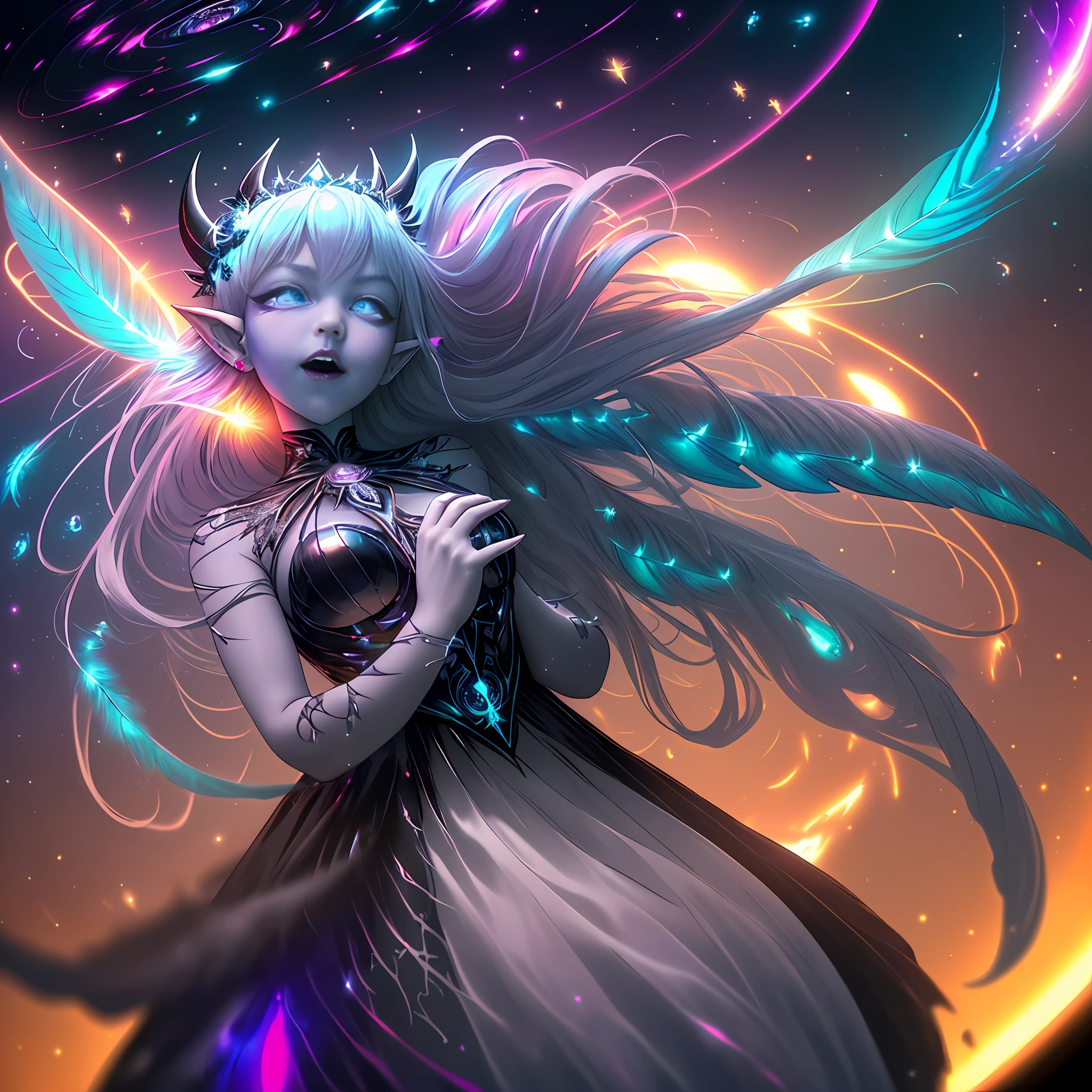 ((best quality)), ((masterpiece)), ((realistic)), full body portrait, {tanned skin}, {lillith}, 1girl, (((celestial))), deity, {devil horns}, {delicate and beautiful gothic ball gown}, {teifling goddess}, light particles, halo, looking at viewer, (bioluminescent:0.95) ocean, bioluminescent, piercing glare, celestial:evil bioluminescent eyes, vibrant, (((colourful))), color, (glowing, glow), (beautiful composition), cinematic lighting, intricate, (symmetrical:0.5), {fisheye lens}, ((angle from below)), (((fisheye lens))), (((corrupted celestial feathers falling in background))), {hair flowing majestically in the wind}, ((age 24)), ahegao, (((age 32 face))), ((slender delicate face)), ((hands frantically reaching toward viewer)), ((seductive plot)), (((psychotic:evil expression))), (((murderous plot))), (((maniacal laughter)))