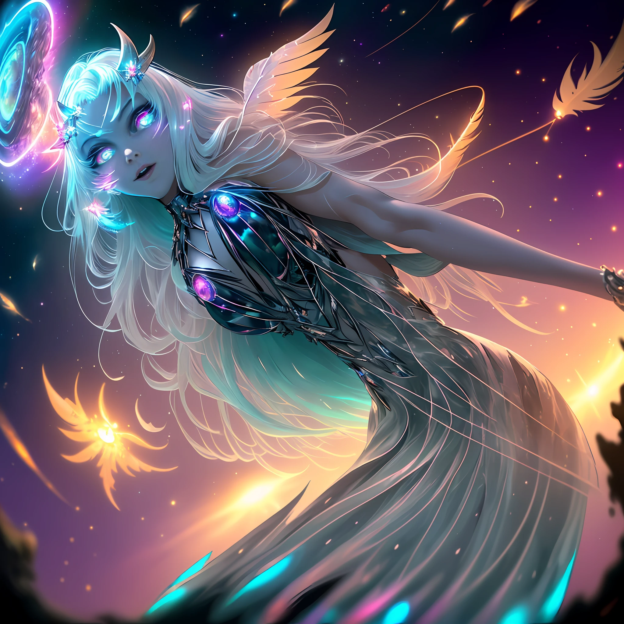 ((best quality)), ((masterpiece)), ((realistic)), full body portrait, {tanned skin}, {lillith}, 1girl, (((celestial))), deity, {devil horns}, {delicate and beautiful gothic ball gown}, {teifling goddess}, light particles, halo, looking at viewer, (bioluminescent:0.95) ocean, bioluminescent, piercing glare, celestial:evil bioluminescent eyes, vibrant, (((colourful))), color, (glowing, glow), (beautiful composition), cinematic lighting, intricate, (symmetrical:0.5), {fisheye lens}, ((angle from below)), (((fisheye lens))), (((corrupted celestial feathers falling in background))), {hair flowing majestically in the wind}, ((age 24)), ahegao, (((age 32 face))), ((slender delicate face)), ((hands frantically reaching toward viewer)), ((seductive plot)), (((psychotic:evil expression))), (((murderous plot))), (((maniacal laughter)))