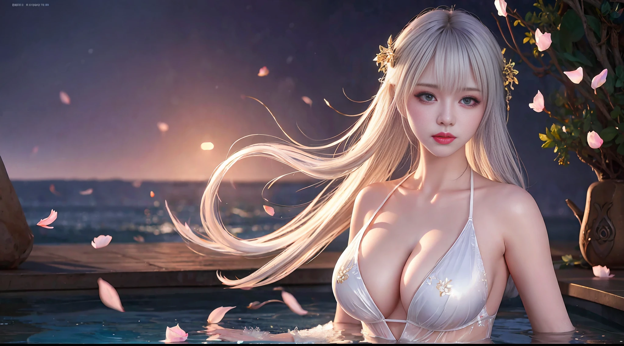 Silver hair, upper body, standing in the water, split bangs, modern, surrealism, cinematic lighting, chiaroscuro, masterpiece, textured skin, high resolution, high quality, high detail, beautiful face, big breasts, pronounced cleavage, translucent clothes, falling petals