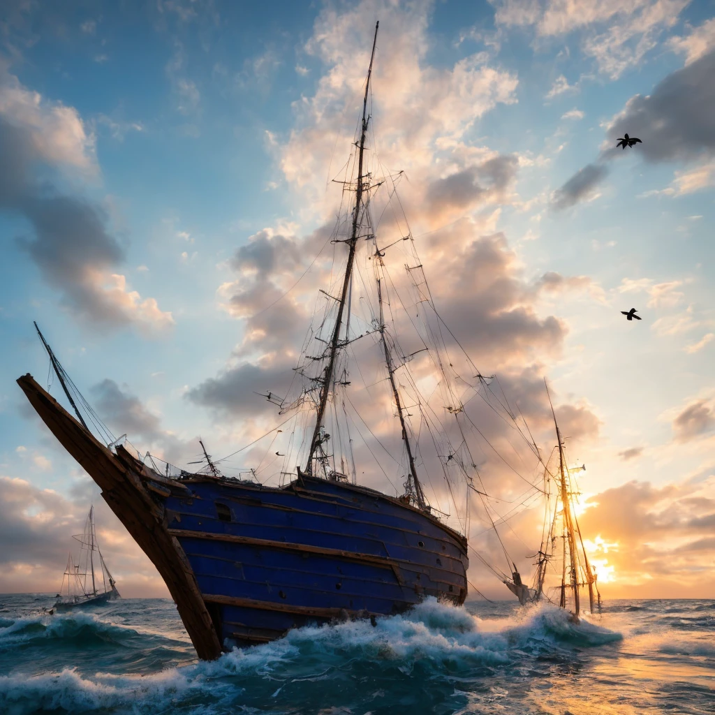 (((8k, RAW photo, Best Quality, Masterpiece: 1.4))), Ultra High Resolution, Ultra Detailed, Illustration, Close Up, Environment Only, (derelict wooden sailing ship), dawn sky behind it, glistening with dew, waves crash, (birds soar above:1.3), habitat for sea life, imagination, outdoors, particle effects, sea serpent rises out of ocean in background