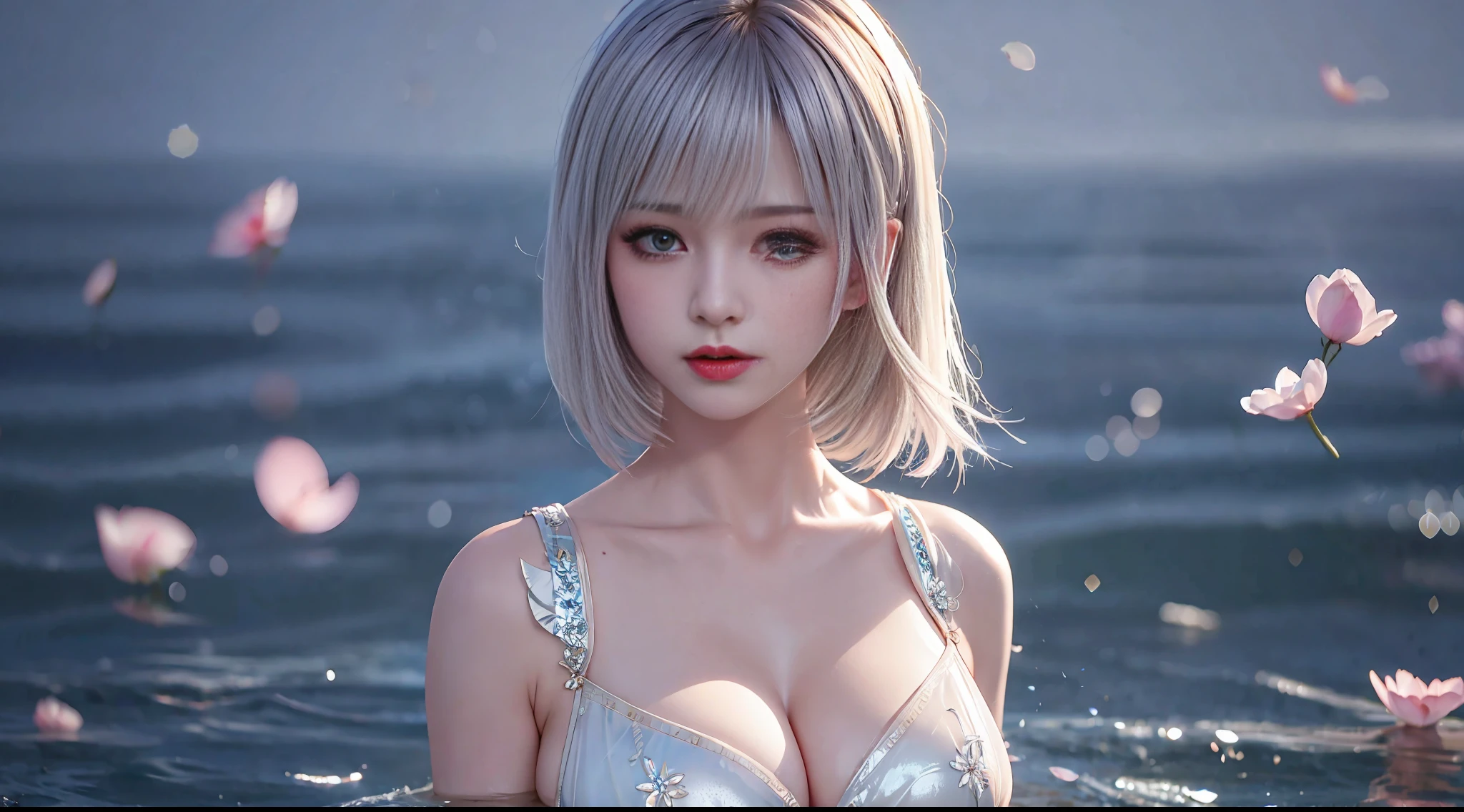 Silver hair, short hair, upper body, standing in the water, split bangs, modern, surreal, cinematic lighting, chiaroscuro, masterpiece, textured skin, high resolution, high quality, high detail, beautiful face, big breasts, pronounced cleavage, translucent clothes, falling petals