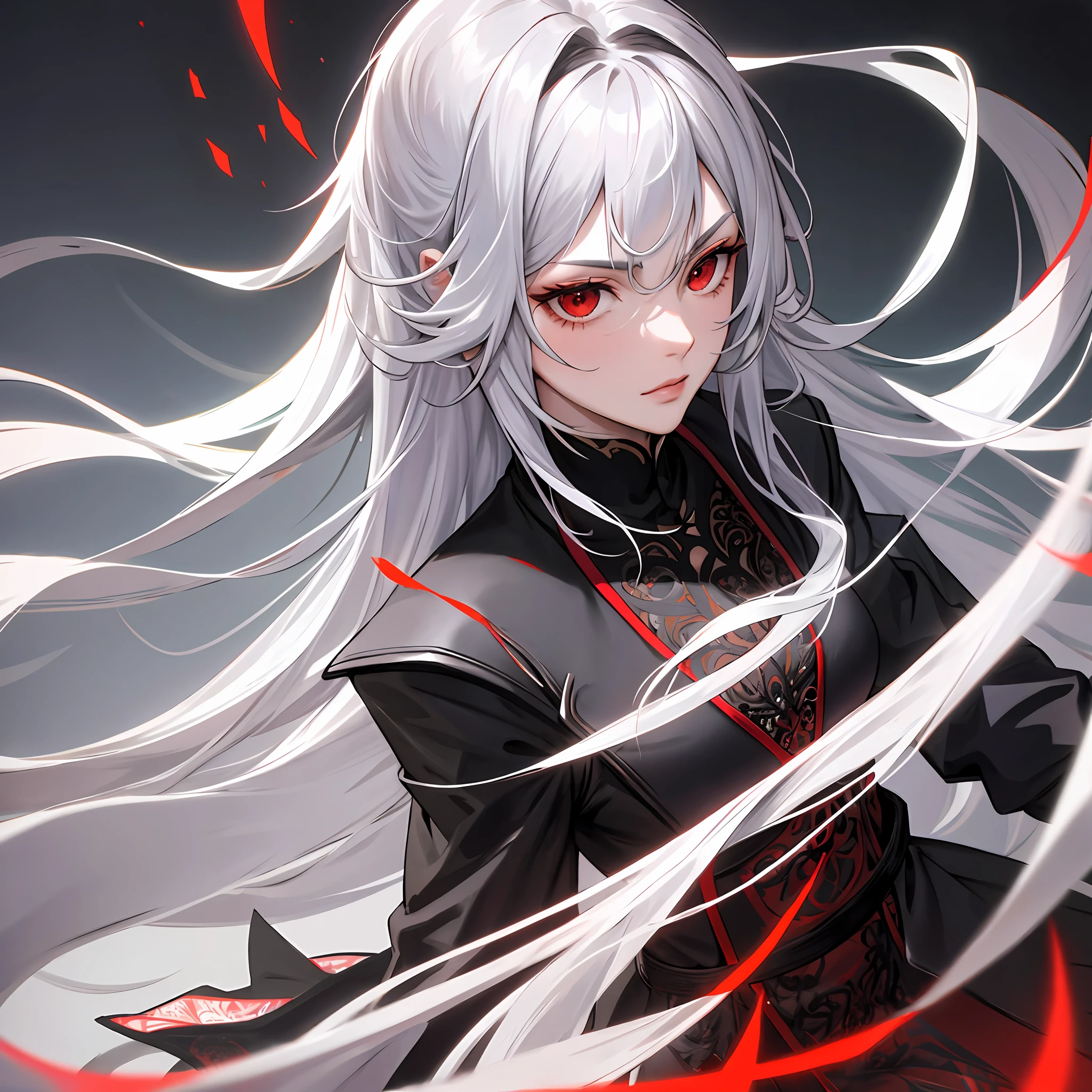 long hair, tall, male, silver hair, red eyes, mature, philosopher, serious, messy hairstyle, sophisticated outfit, intricate, field of depth, dynamic light source, (best quality), (masterpiece)
