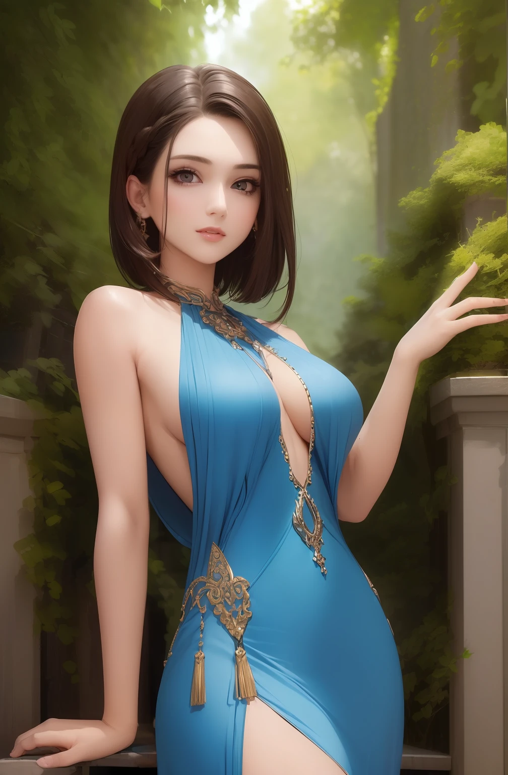 ((Best quality, 8k, Masterpiece :1.3)), 1girl, Pretty woman with slender abs :1.3, (random hairstyles, Huge breasts :1.2), Dress :1.1, Ultra-detailed face, Detailed eyes, Double eyelid