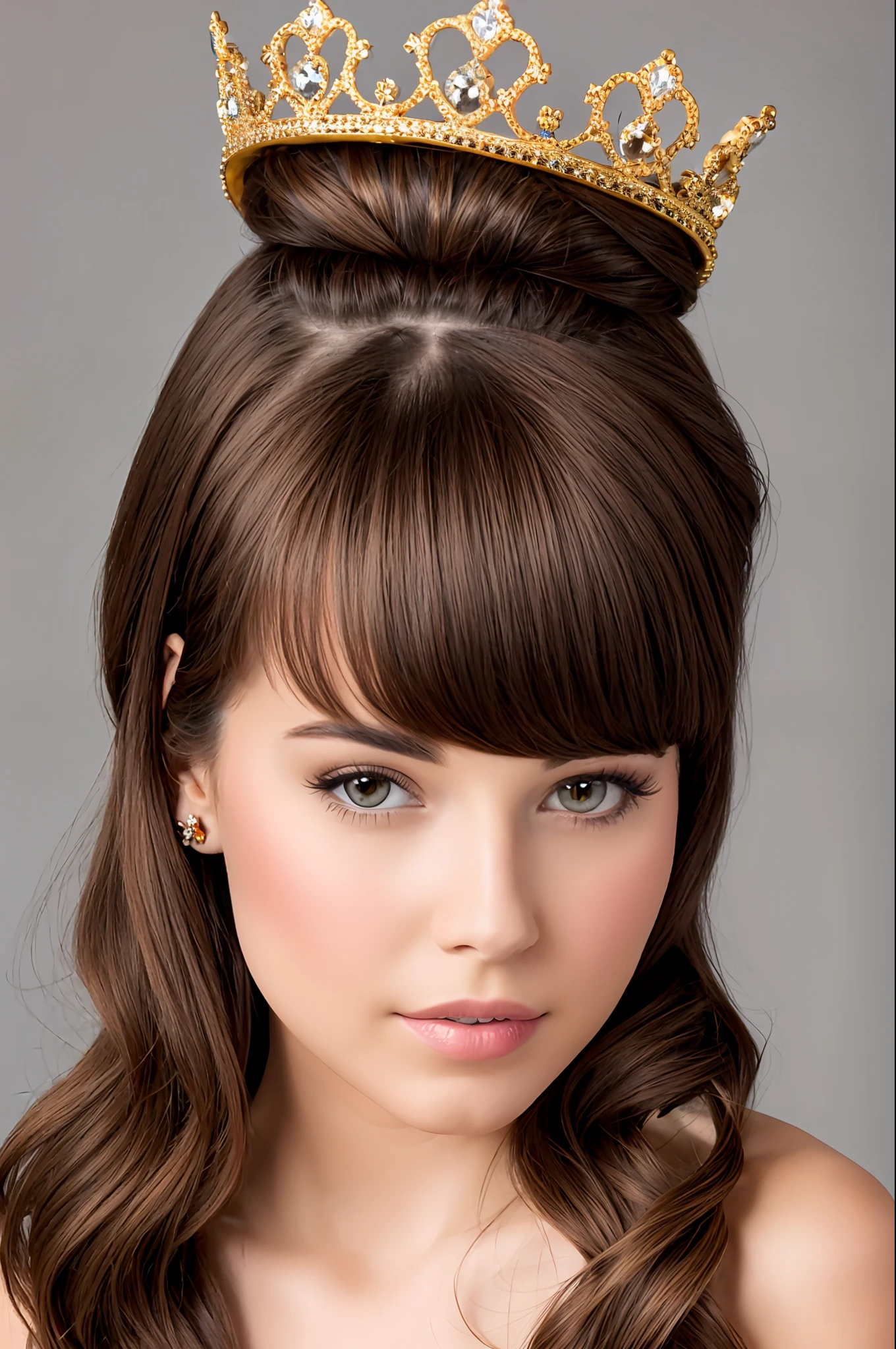 princess with a crown on her head, brown hair color