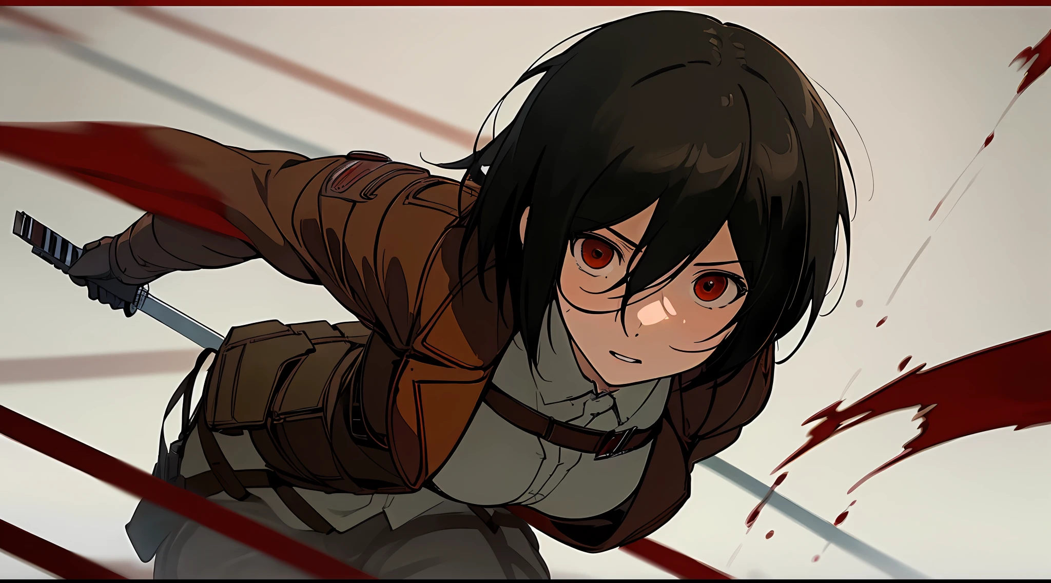 masterpiece, best quality, beautiful angle of flight, face detail, (1girl) Mikasa from Attack on Titan, in the style of a Tokyo ghoul, rich color correction, fights against ghouls, red lines behind, blood
